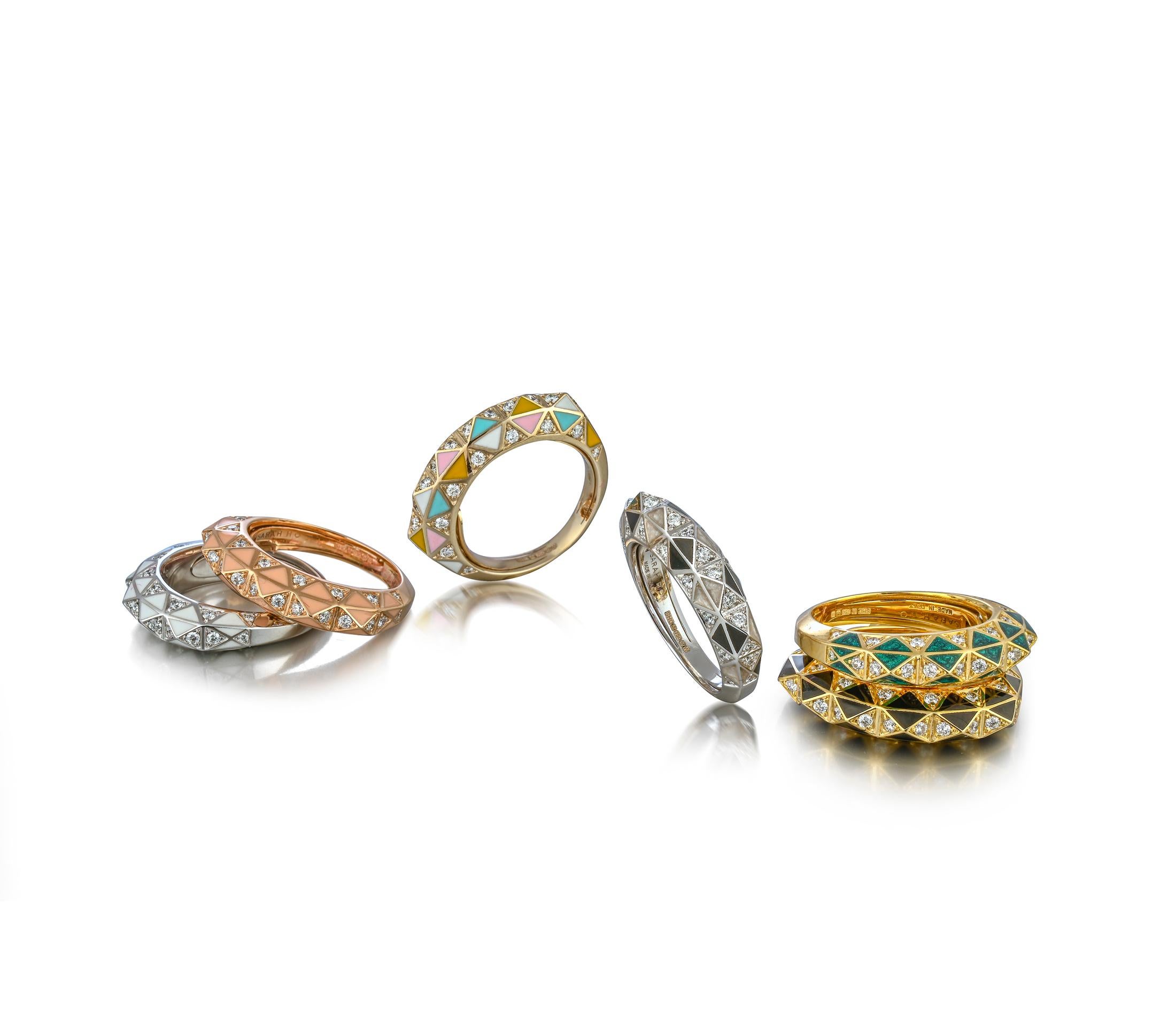 Women's or Men's Diamond and Green Enamel Stack Ring For Sale