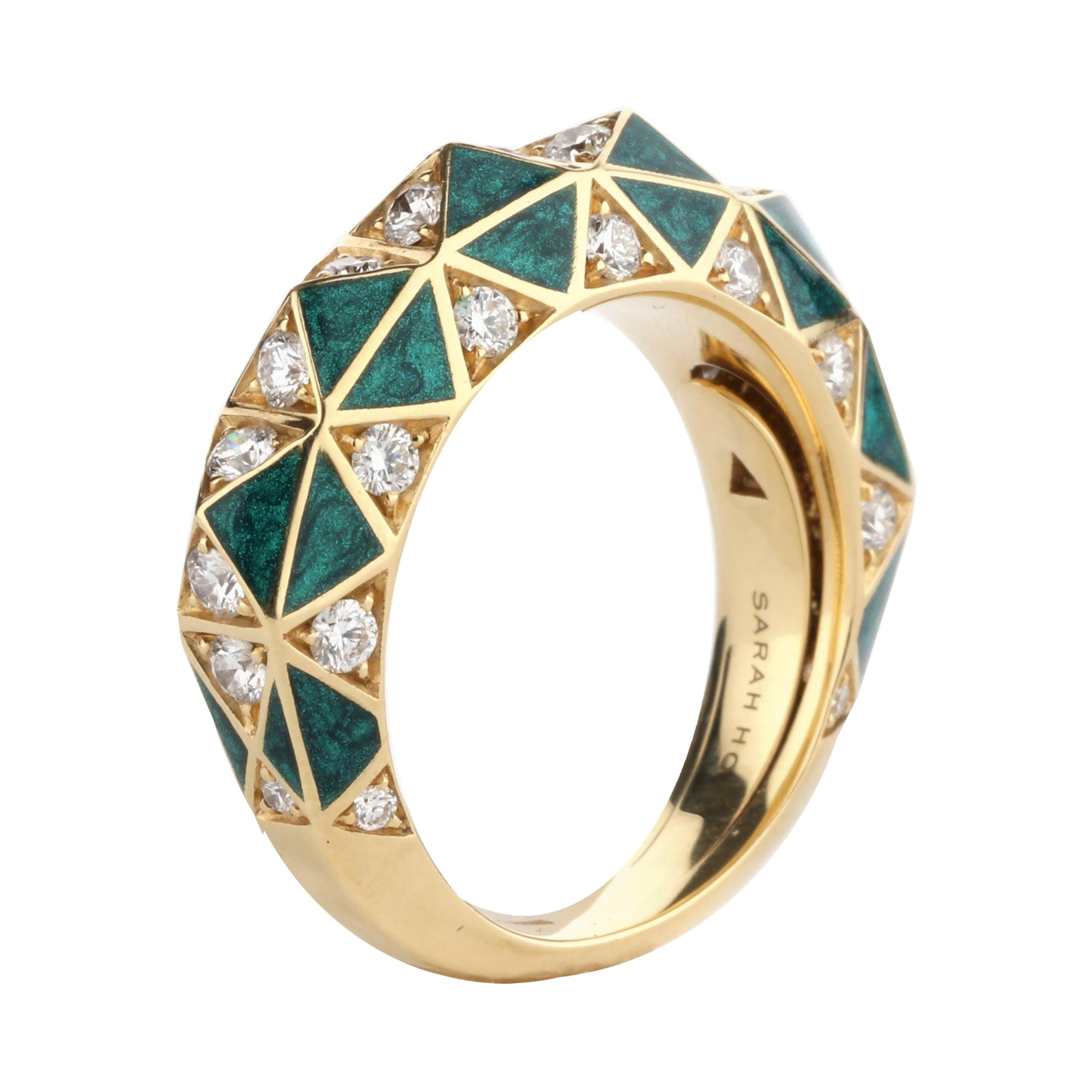 Diamond and Green Enamel Stack Ring For Sale
