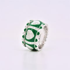 18k White Gold & Enamel Triple Stack Band "Hearts & Diamonds" in Green