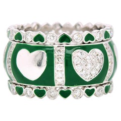 18 Karat Weißgold & Emaille Dreifach-Stack-Ring „Hearts & Diamonds“ in Grün