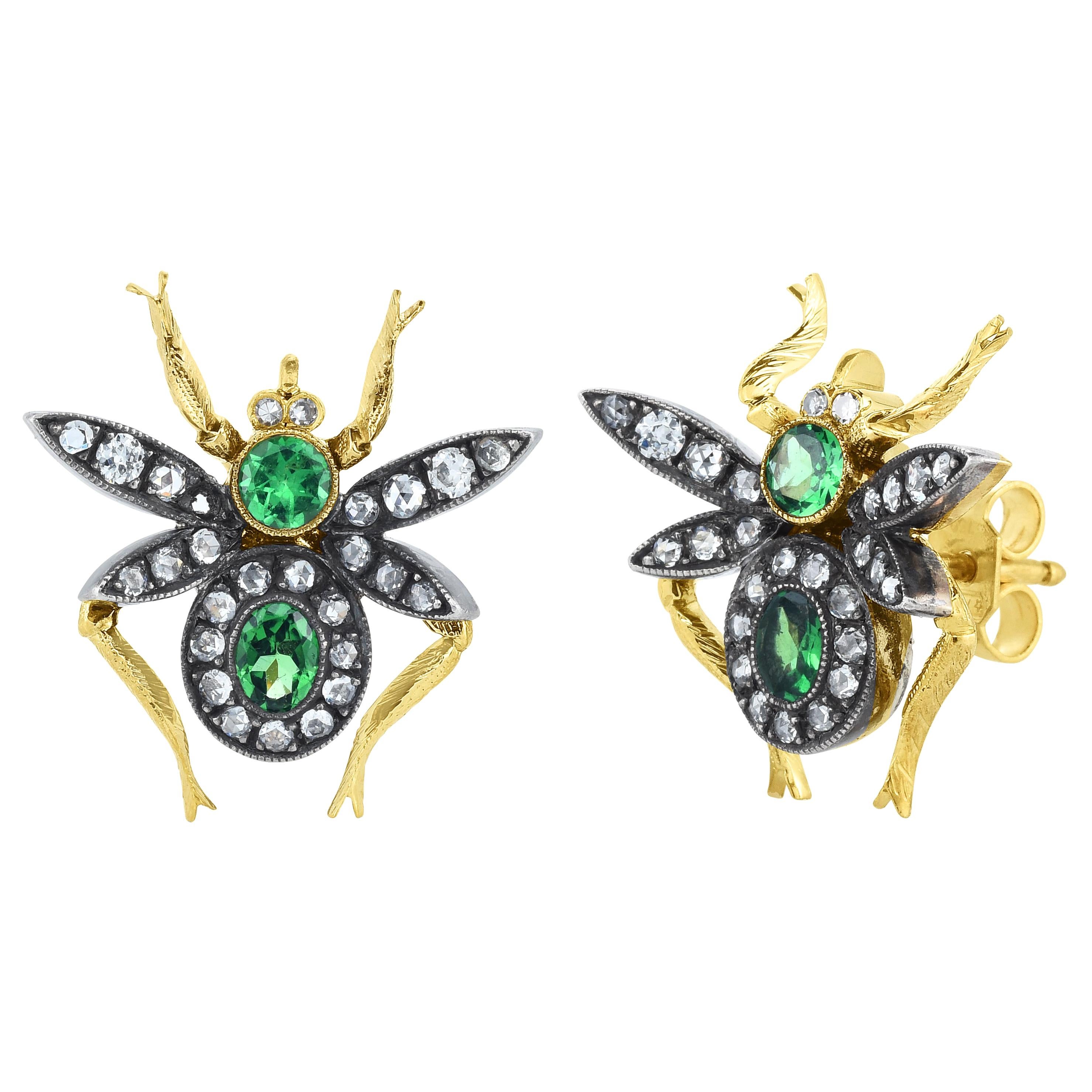 Diamond and Green Garnet, Gold Fly Stud Earrings For Sale