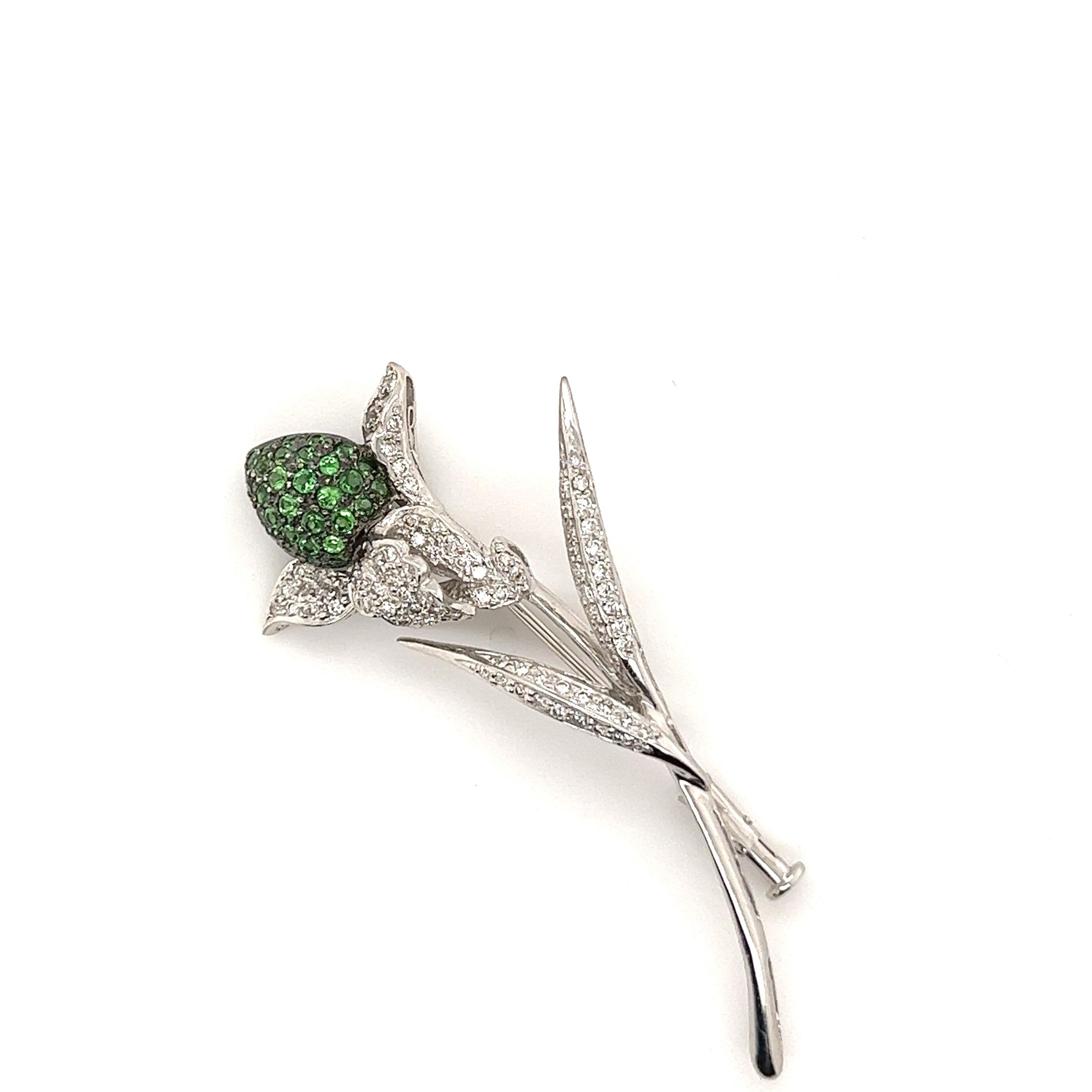 Round Cut Diamond and Green Garnet Pin/Pendant  For Sale