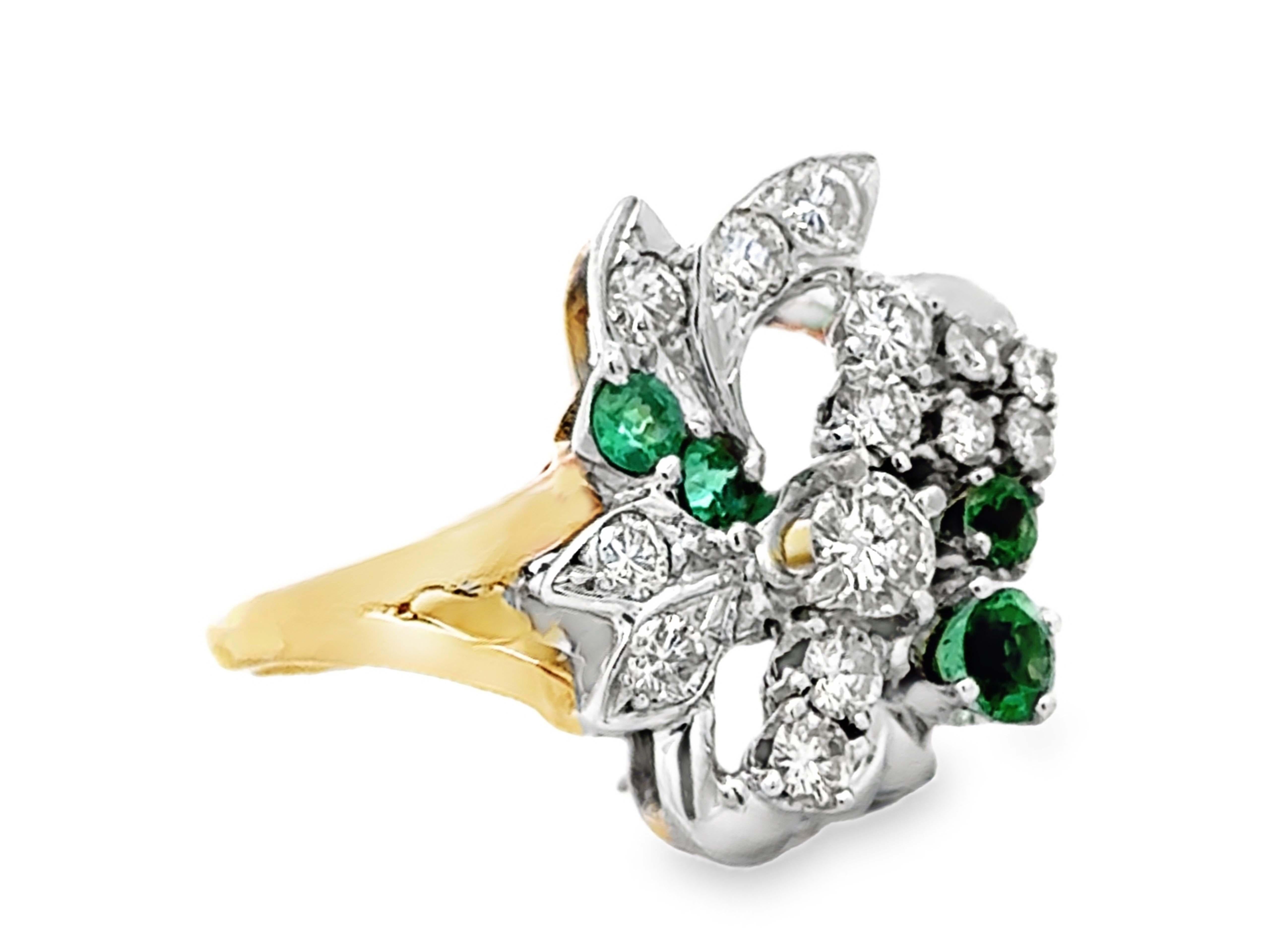 Brilliant Cut Diamond and Green Gemstone Cluster Cocktail Ring 18k White and Yellow Gold For Sale