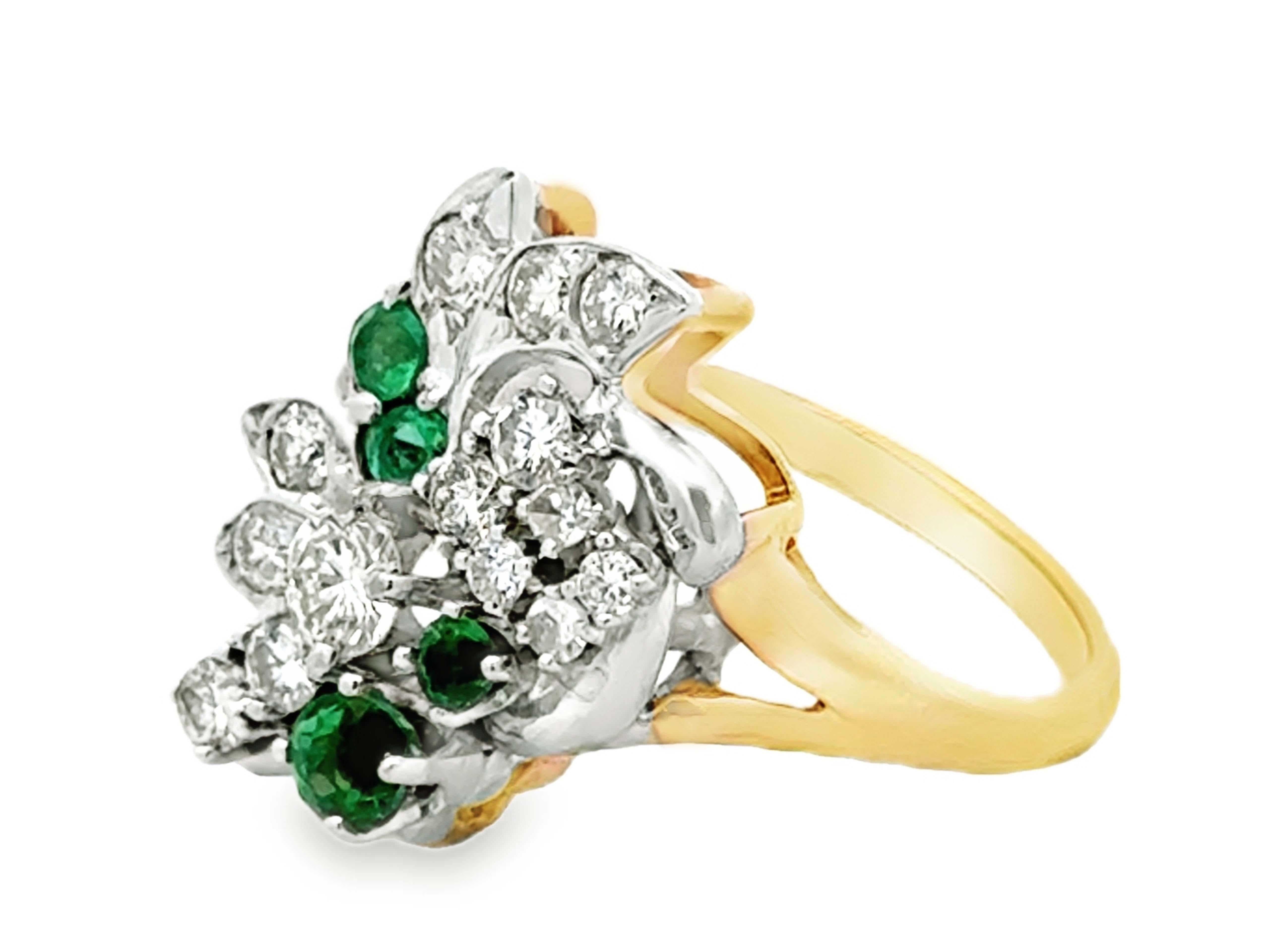 Diamond and Green Gemstone Cluster Cocktail Ring 18k White and Yellow Gold In Excellent Condition For Sale In Honolulu, HI