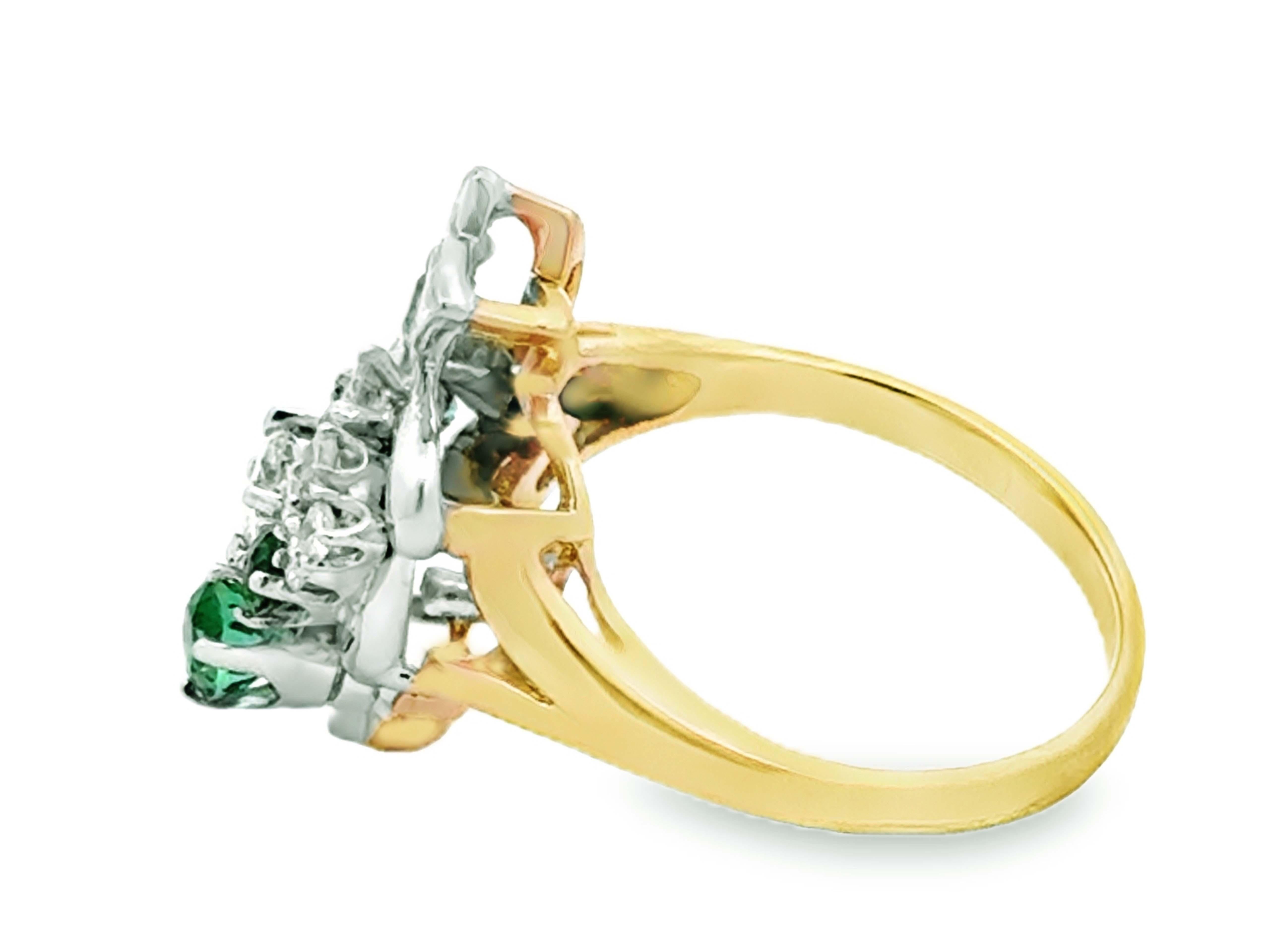 Diamond and Green Gemstone Cluster Cocktail Ring 18k White and Yellow Gold For Sale 1