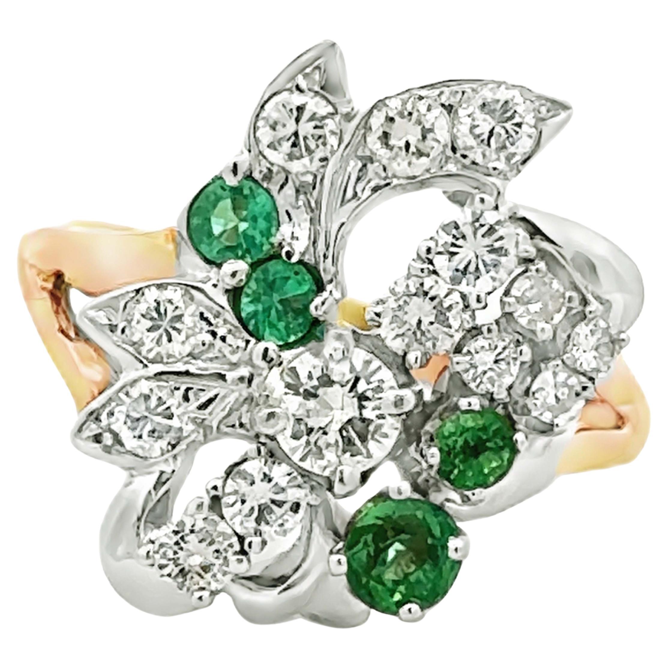 Diamond and Green Gemstone Cluster Cocktail Ring 18k White and Yellow Gold
