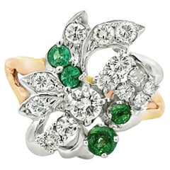 Diamond and Green Gemstone Cluster Cocktail Ring 18k White and Yellow Gold