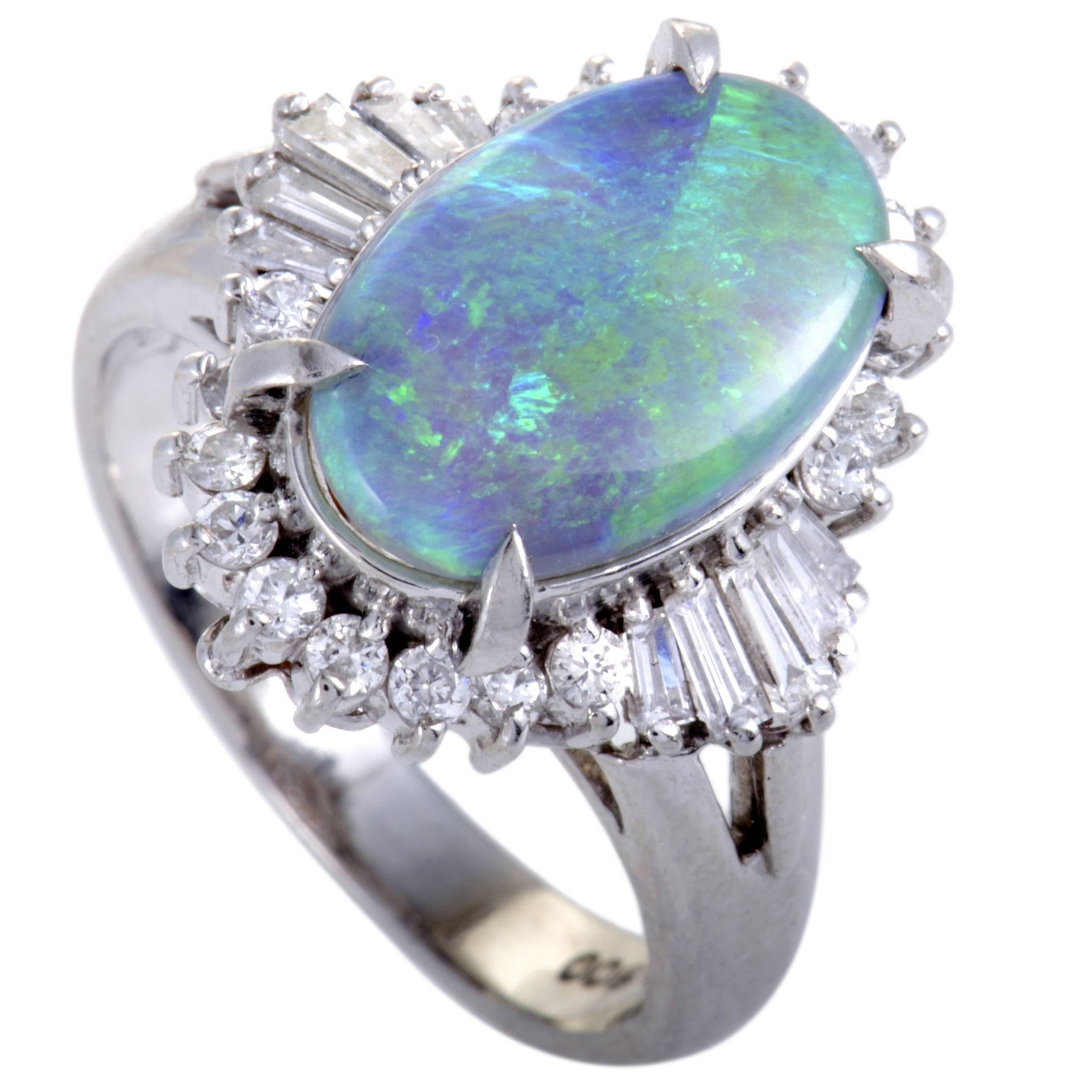 Diamond and Green Opal Platinum Ring