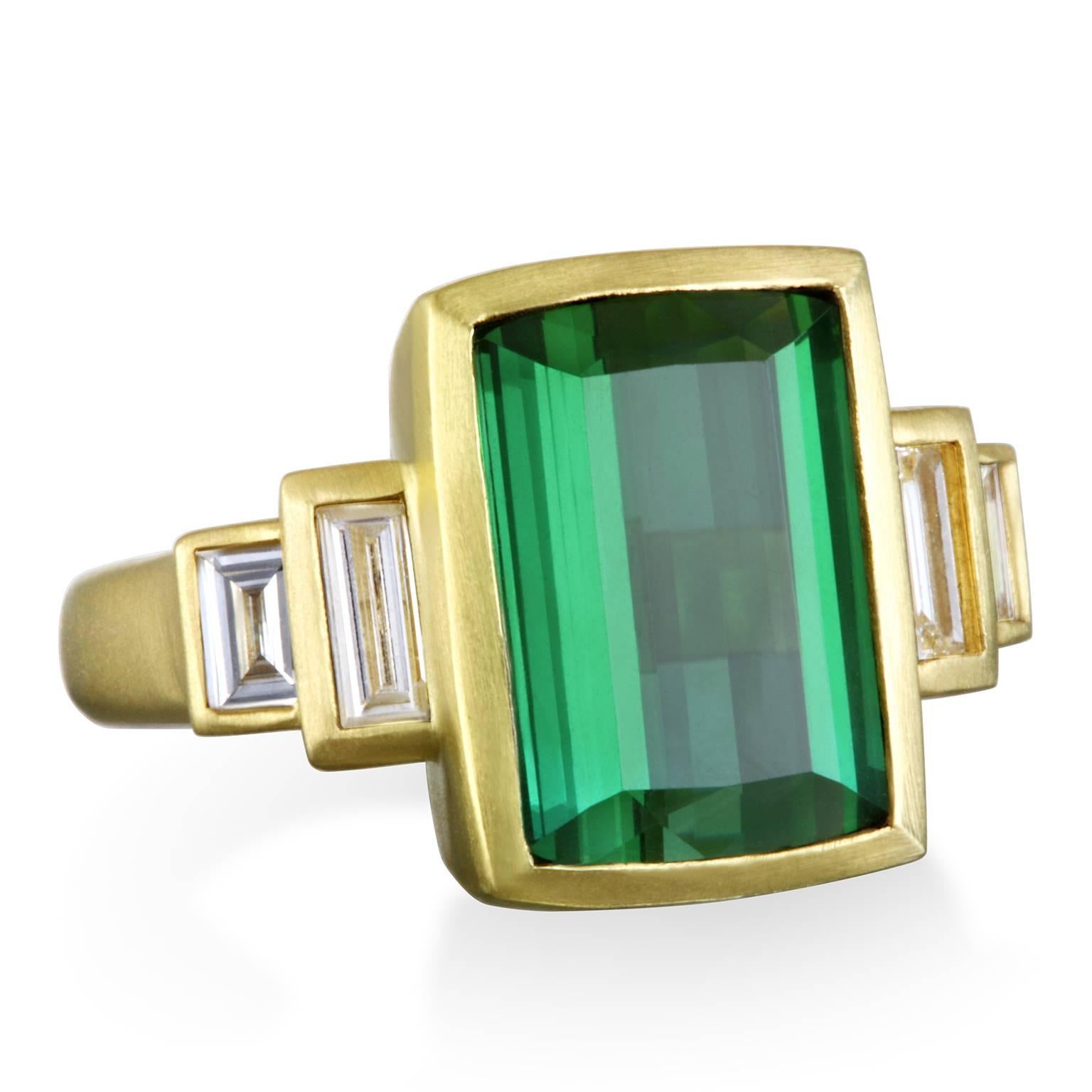 Inspired by the clean lines of Art Deco designs, Faye Kim's vibrant Chrome Tourmaline ring is fresh and modern. The deep and illuminating green gemstone paired with diamond baguettes will dazzle every time you wear it.  A beautiful and timeless