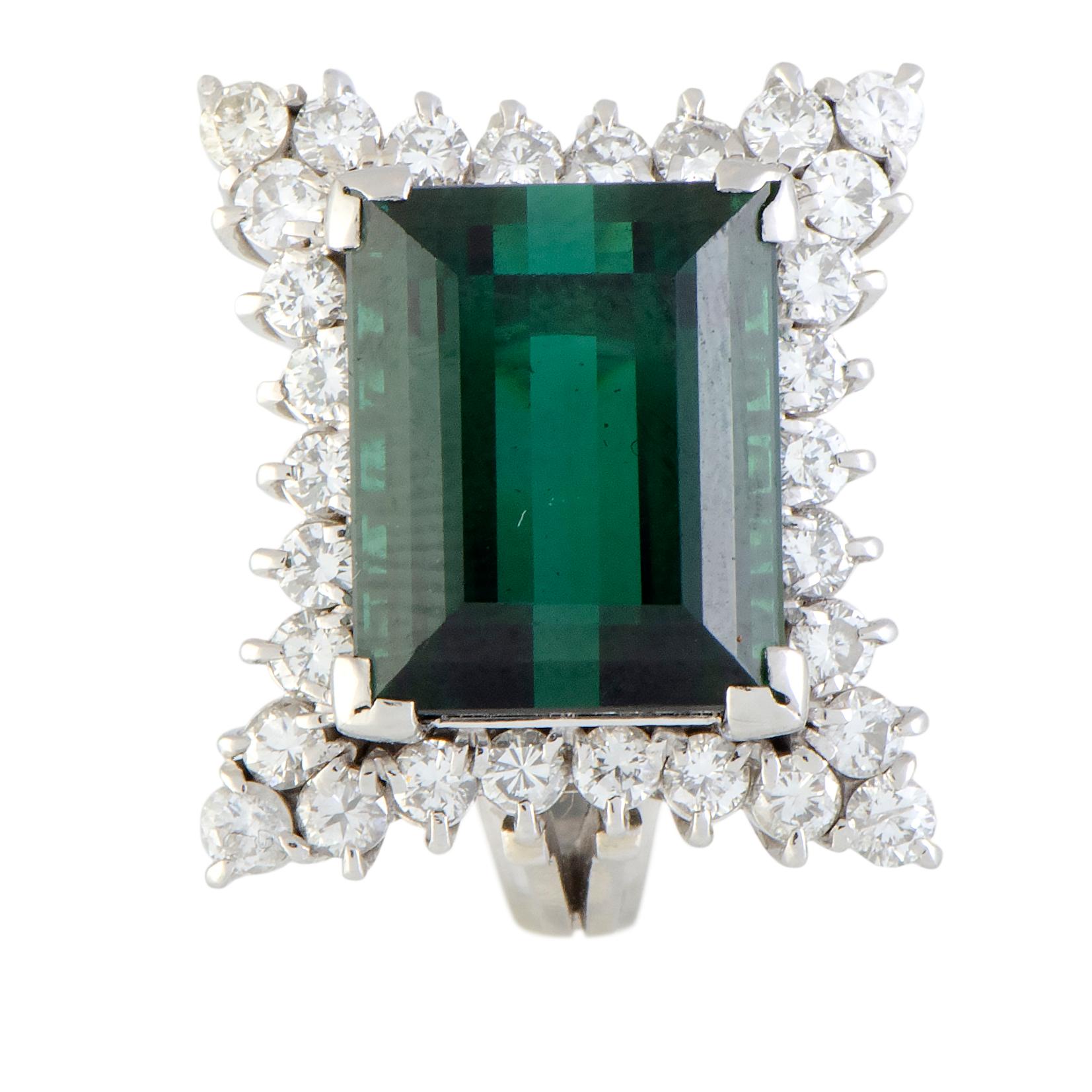 Diamond and Green Tourmaline Platinum Rectangle Ring 1