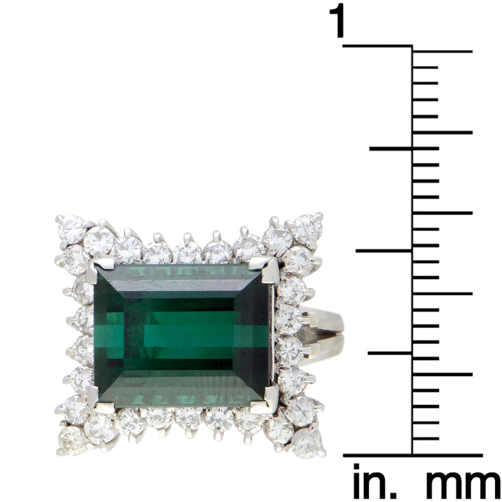 Diamond and Green Tourmaline Platinum Rectangle Ring 2