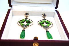 Diamond and Green Turquoise Dolphin Chandelier 18 Karat Gold and Silver Earrings