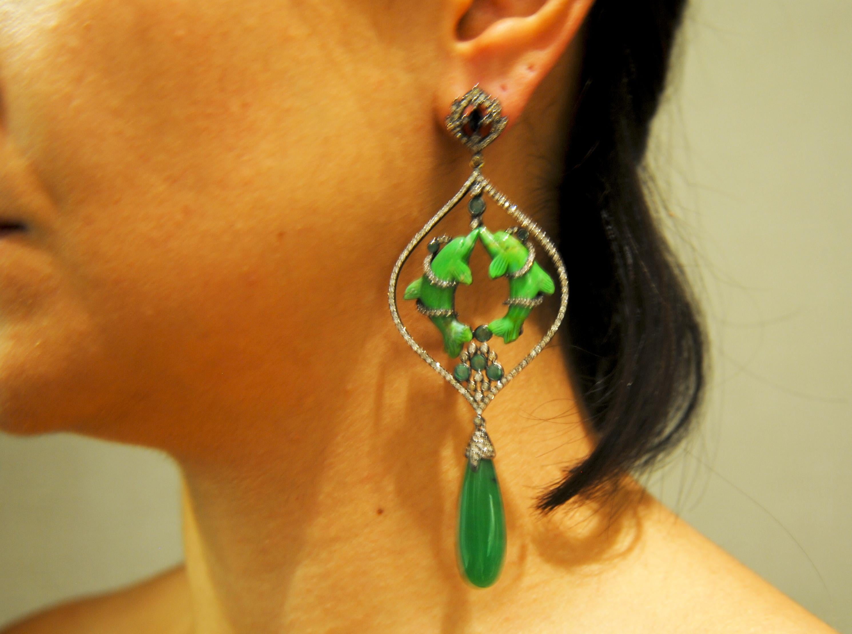 Artisan Diamond and Green Turquoise Dolphin Chandelier 18 Karat Gold and Silver Earrings For Sale