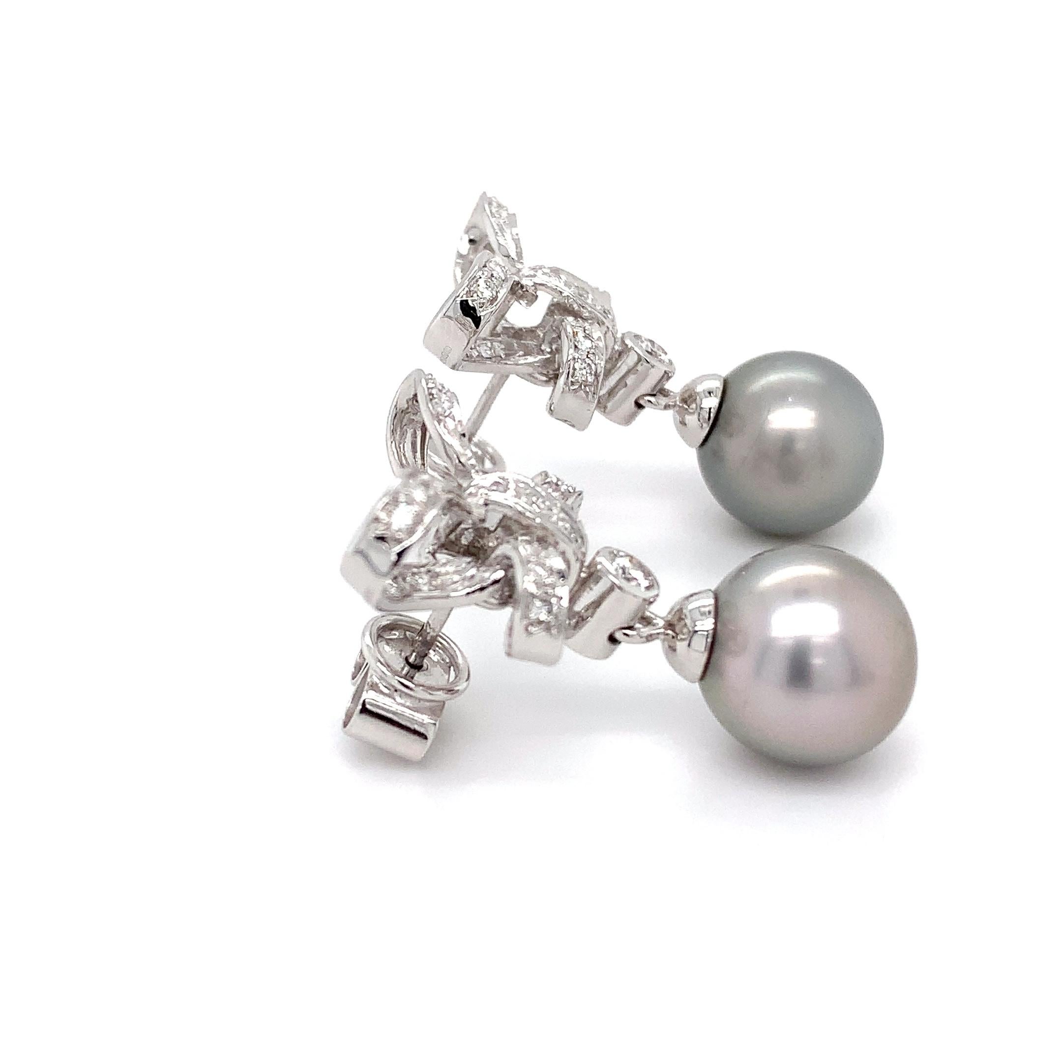 Diamond and grey Tahitian Pearl drop earrings 18k white gold For Sale 1