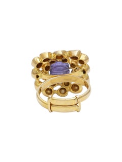 Diamond and Hand Carved Tanzanite Melon Cocktail Ring Handcrafted in 18K Gold