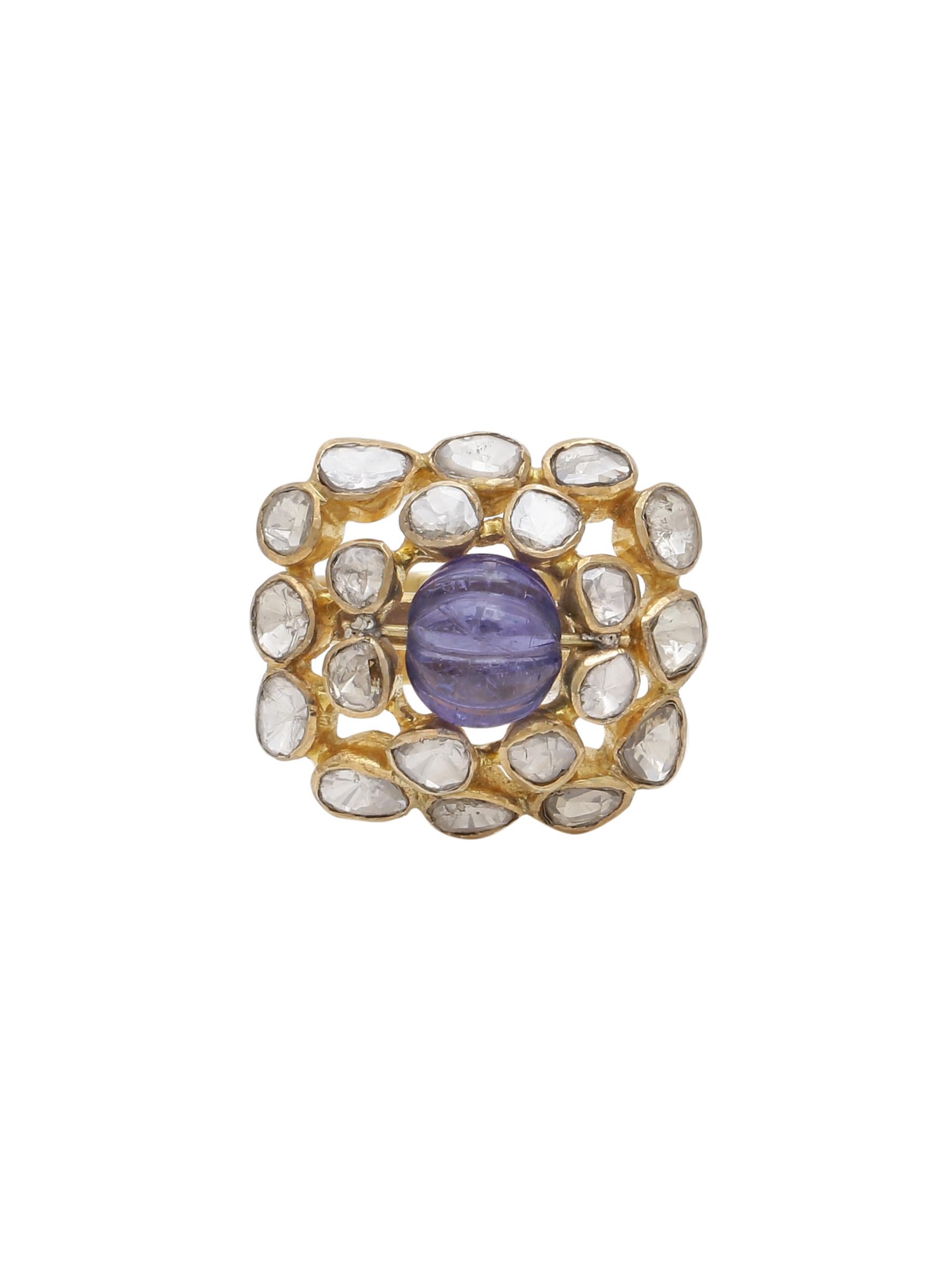 Art Deco Diamond and Hand Carved Tanzanite Melon Cocktail Ring Handcrafted in 18K Gold For Sale