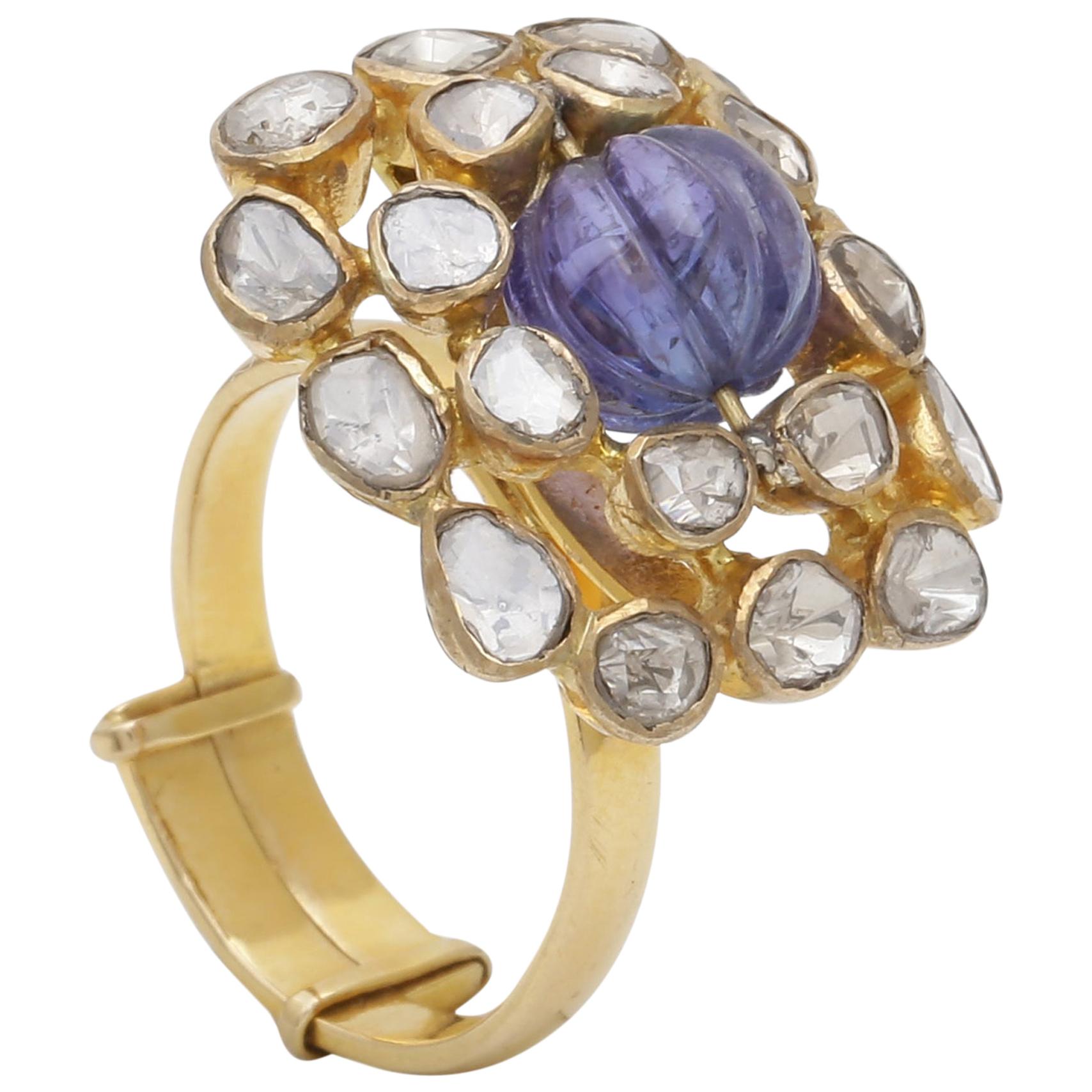 Diamond and Hand Carved Tanzanite Melon Cocktail Ring Handcrafted in 18K Gold For Sale