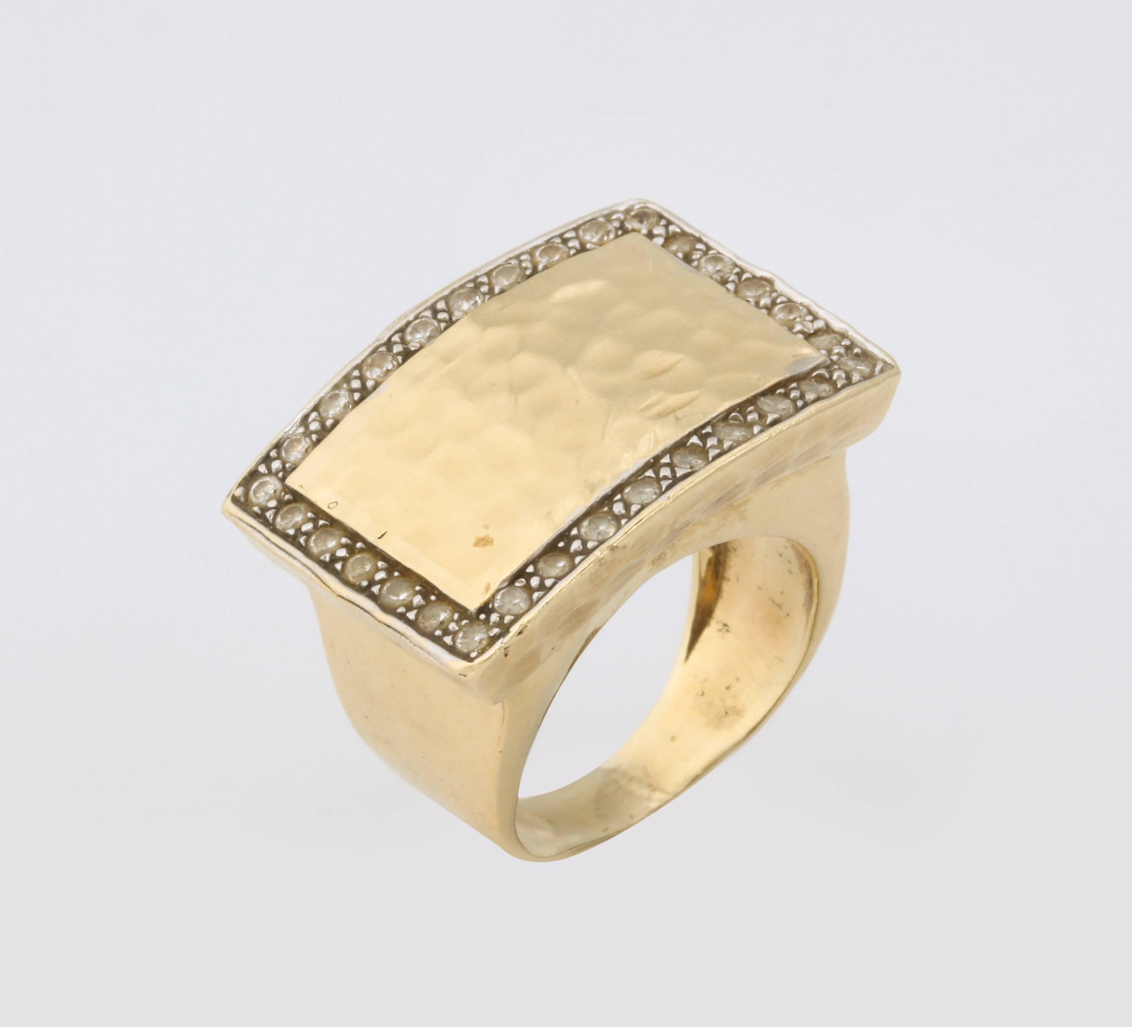 Modern Diamond and Hand Hammered Gold Ring For Sale