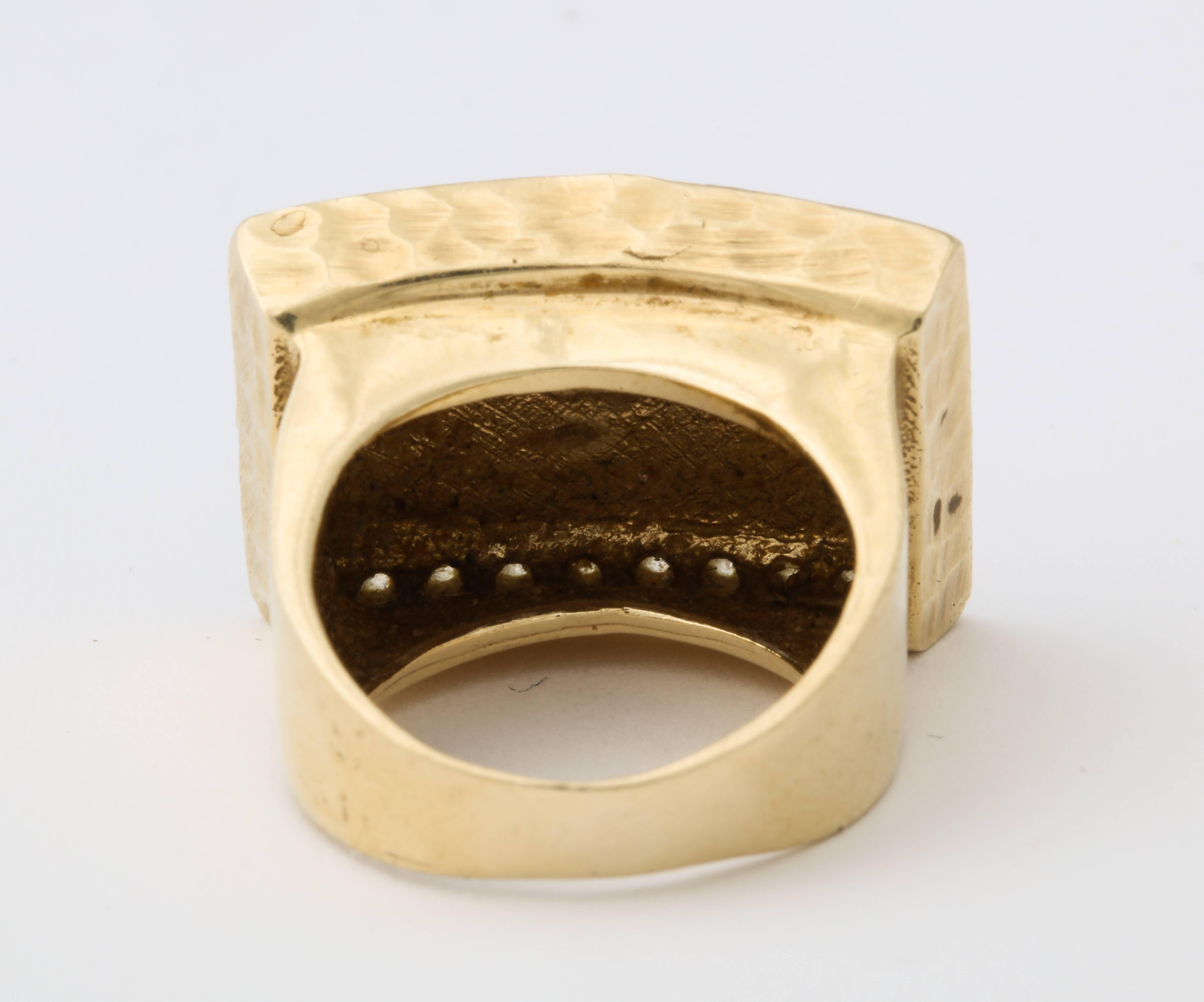 Women's or Men's Diamond and Hand Hammered Gold Ring For Sale