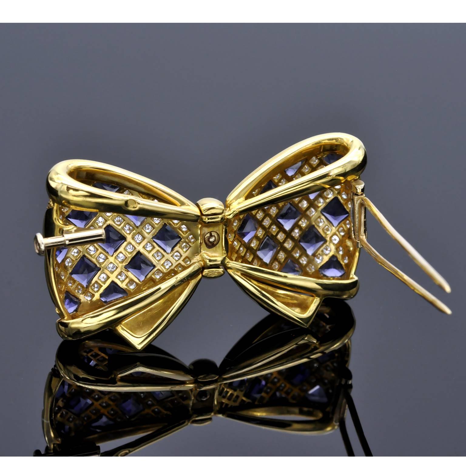 Modern Diamond and Iolite Gold Bowtie Brooch For Sale