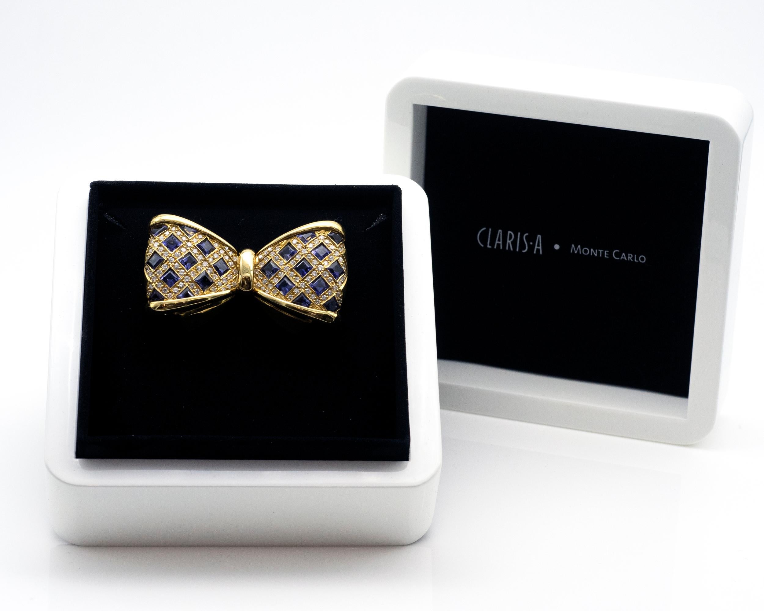 Square Cut Diamond and Iolite Gold Bowtie Brooch For Sale
