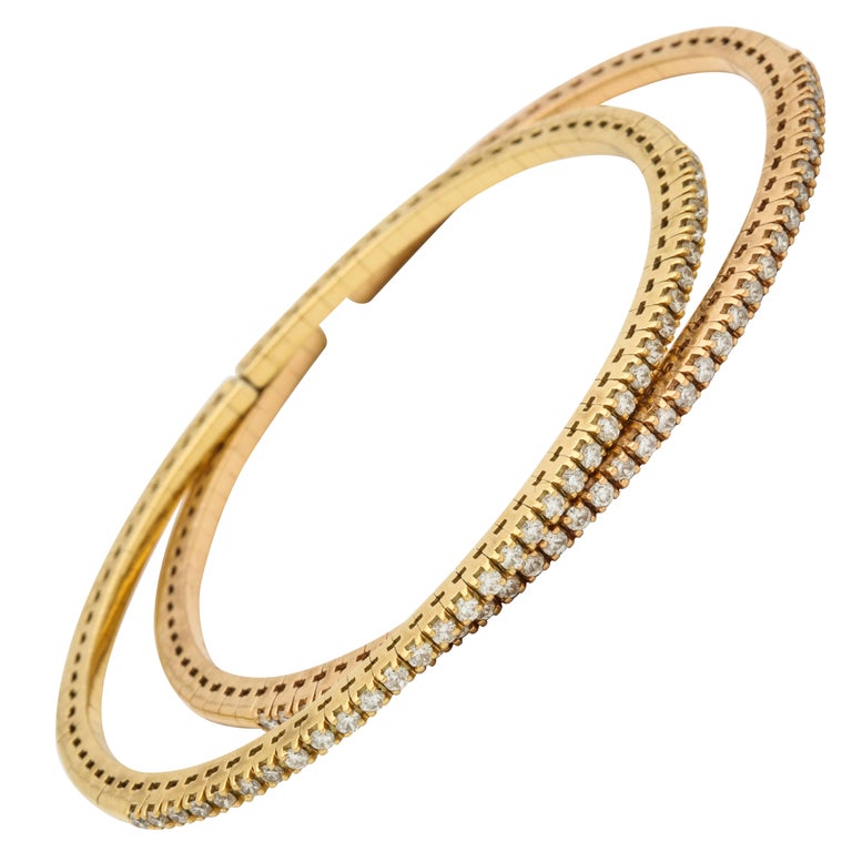 Pair of 18K Gold and Diamond Italian Bangles at 1stDibs