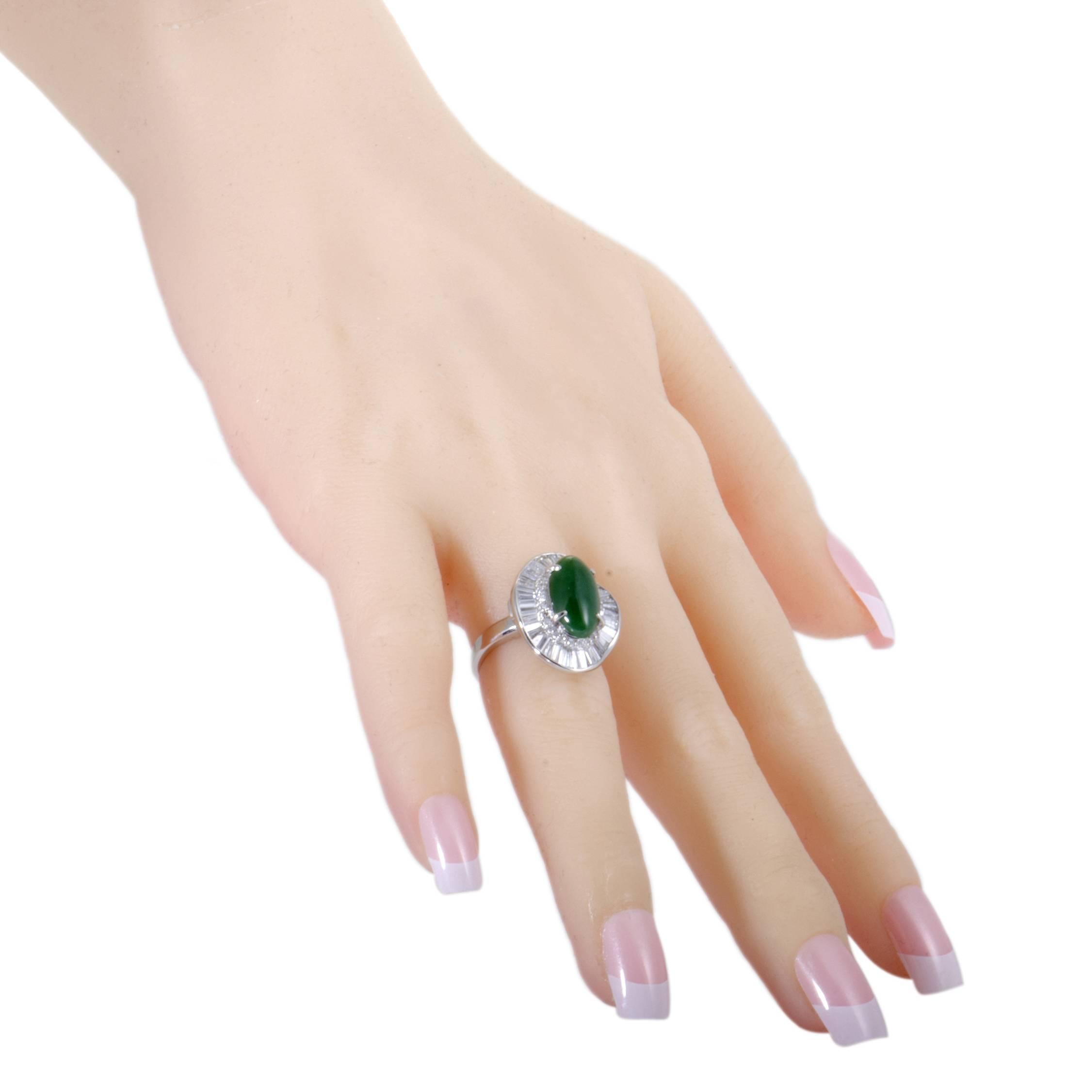 Diamond and Jade Cabochon Platinum Ring In Excellent Condition In Southampton, PA