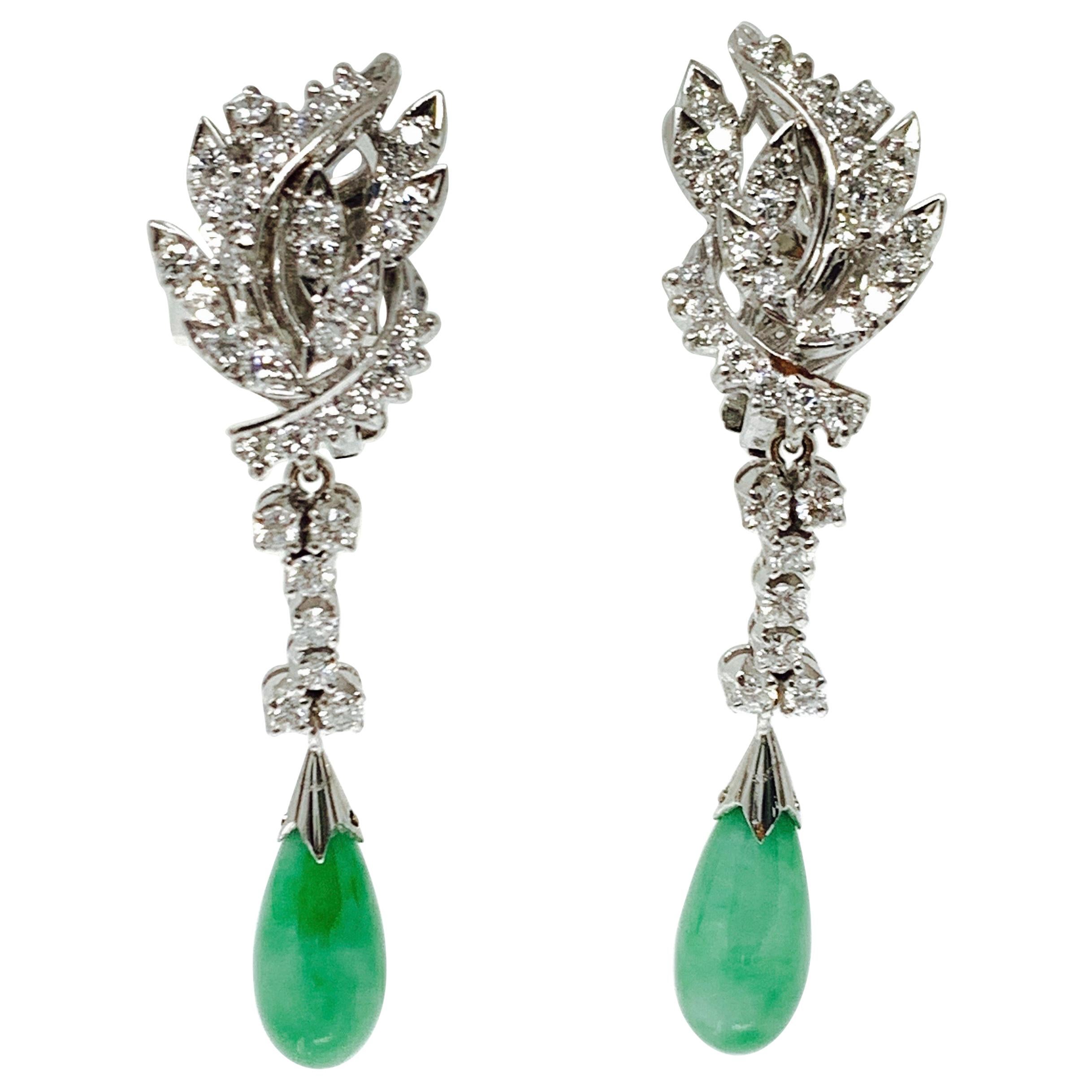 Diamond and Jade Drop Earrings in 18 Karat White Gold For Sale