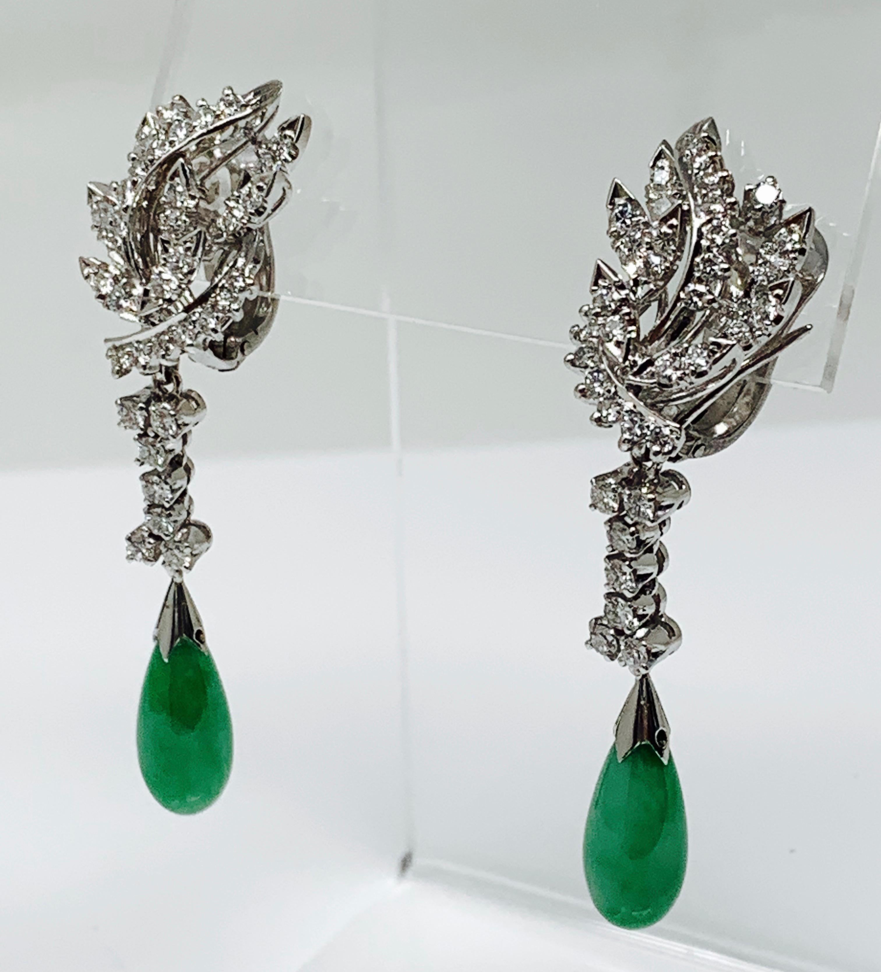 Round Cut Diamond and Jade Drop Earrings in 18 Karat White Gold For Sale
