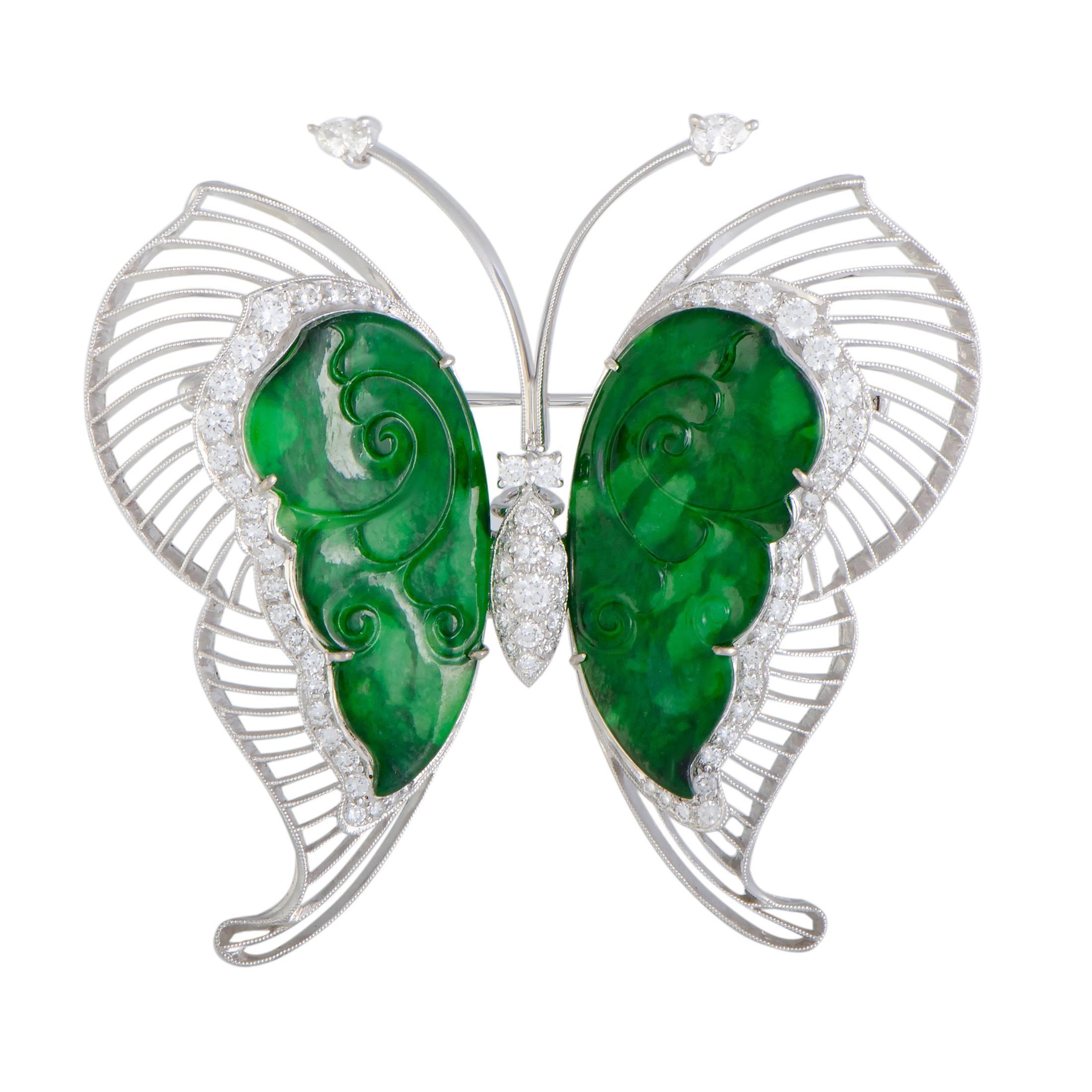 Diamond and Jade White Gold Large Butterfly Brooch