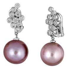BELPEARL, Diamond and Kasumiga Pink Pearl Earrings Set in 18 Karat Gold