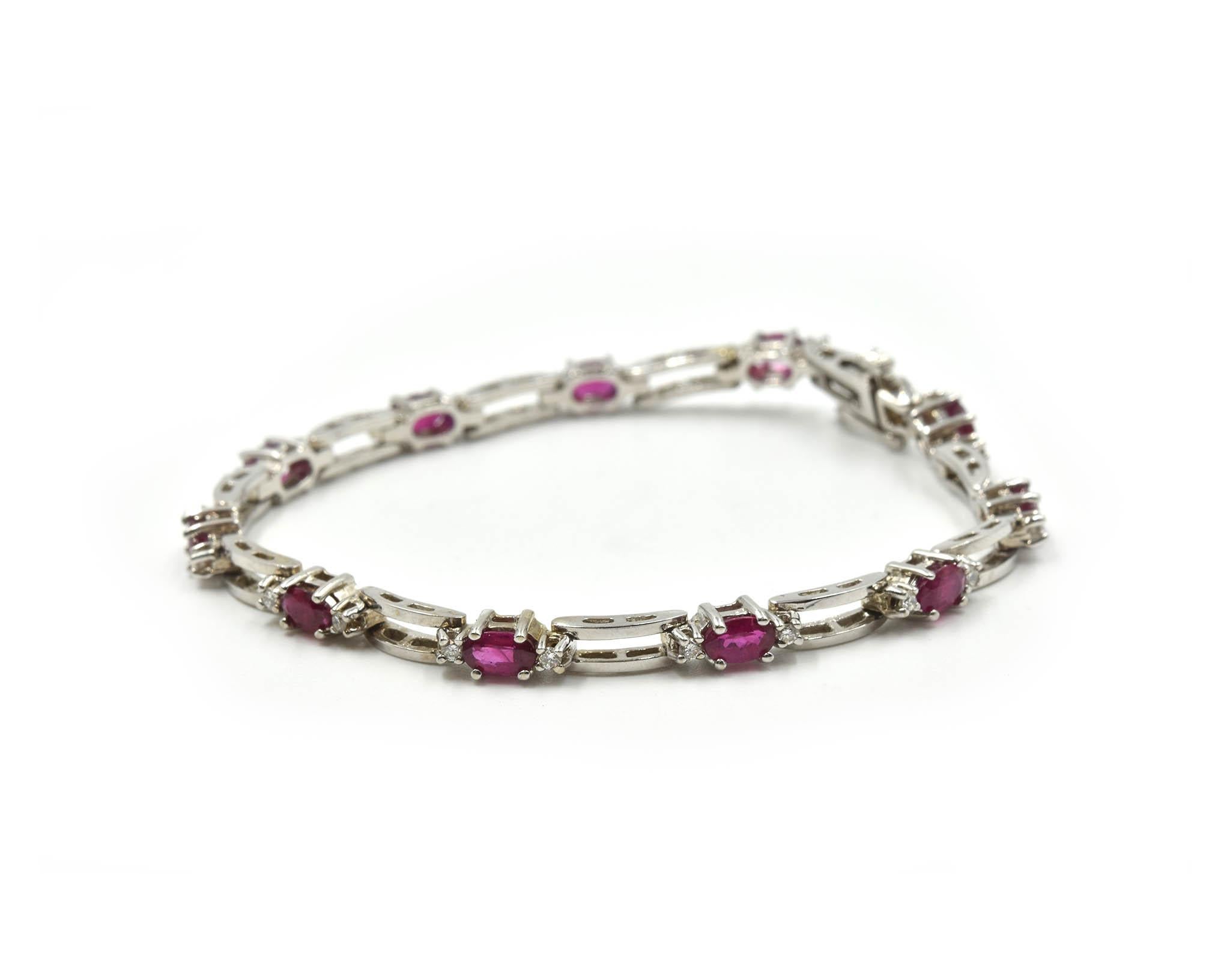 Diamond and Lab Created Ruby Bracelet 14 Karat White Gold In Excellent Condition In Scottsdale, AZ
