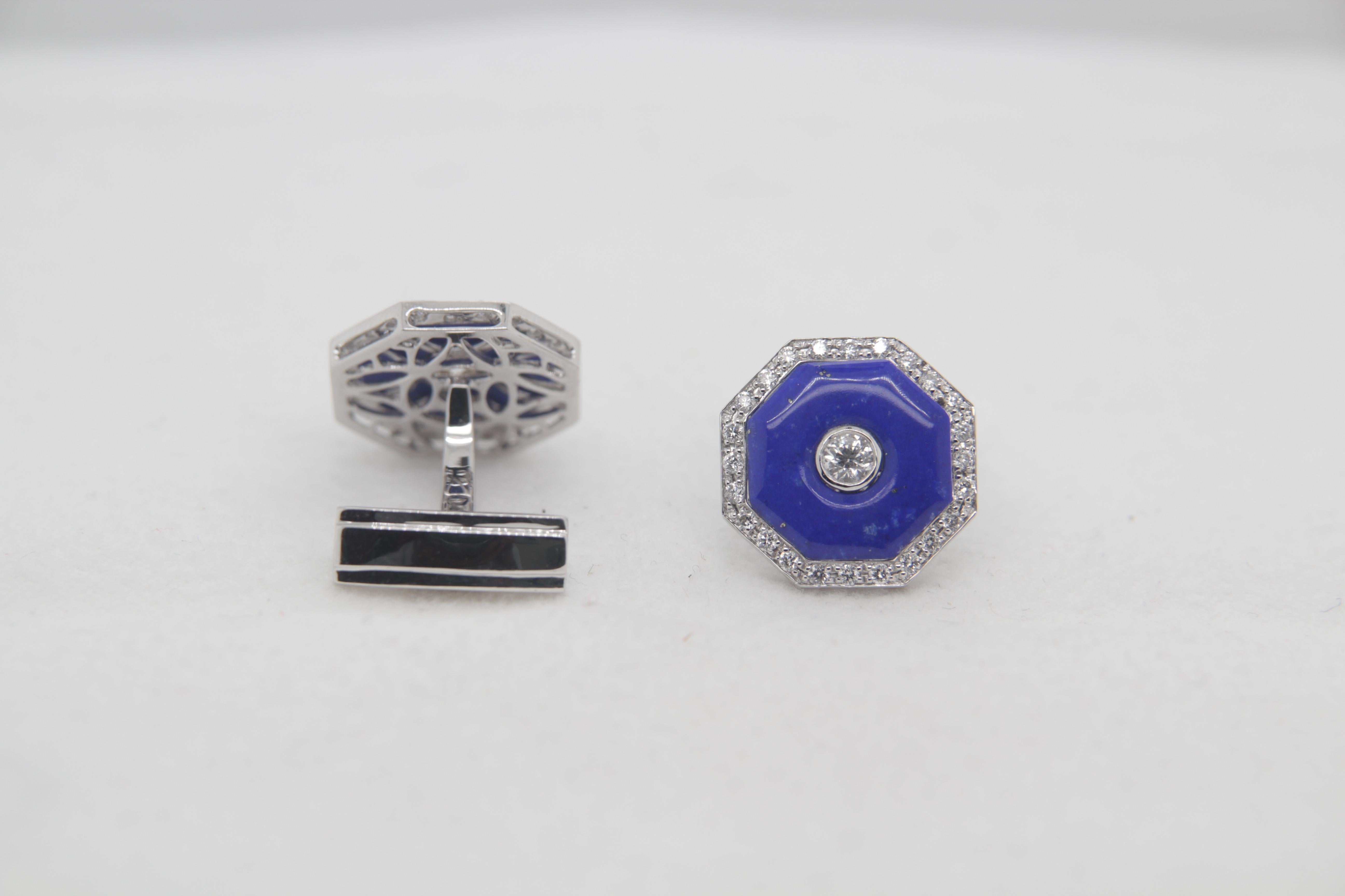 A brand new diamond and lapis cufflinks in 18 Karat gold. The total diamond weight is 0.80 carats, lapis weight is 3.99 carats and total cufflinks weight is 10.60 grams.  