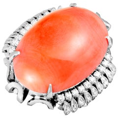 Diamond and Large Coral Oval Platinum Ring
