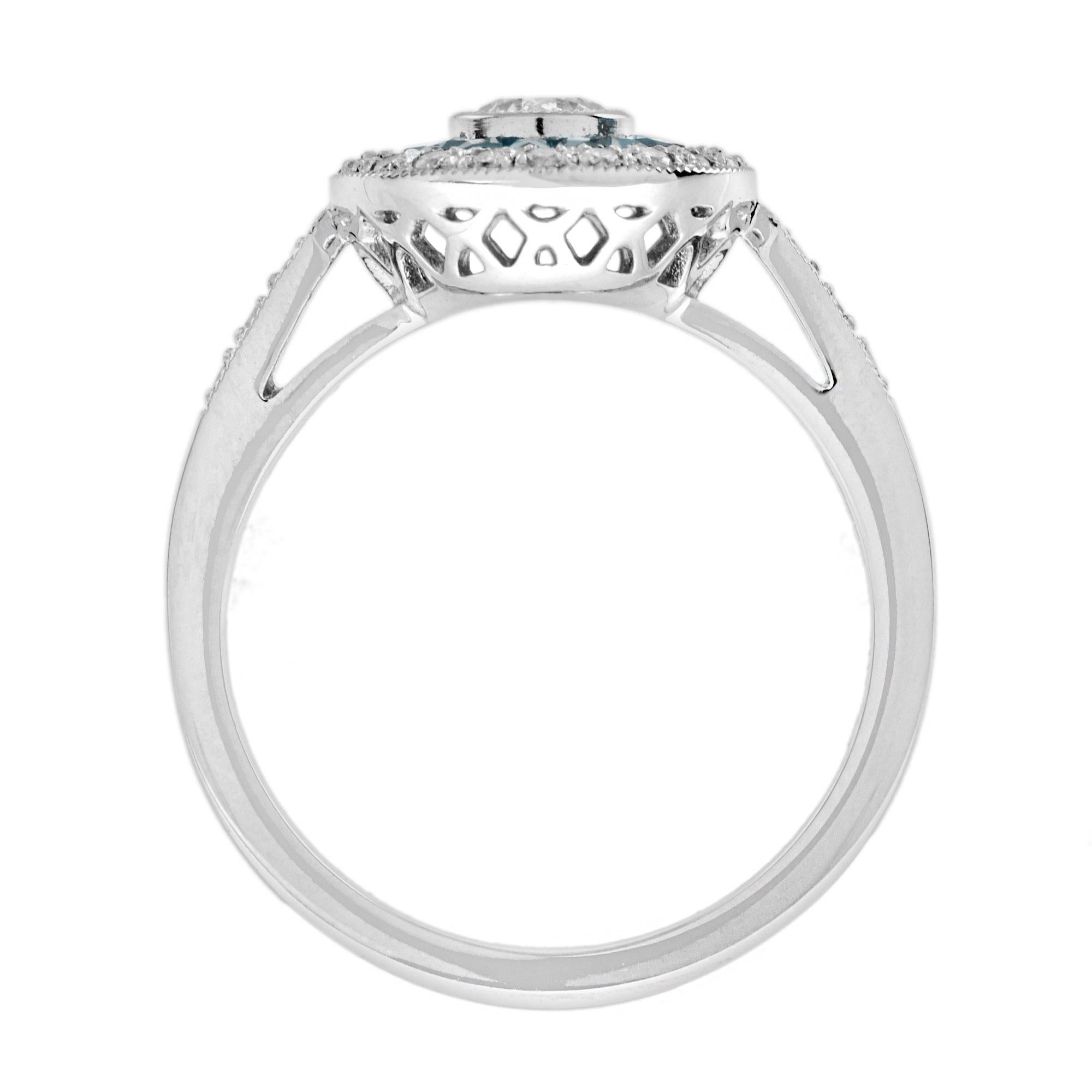 Anello di fidanzamento con diamante e topazio blu di Londra in stile Art Déco in oro 18 carati in vendita 1