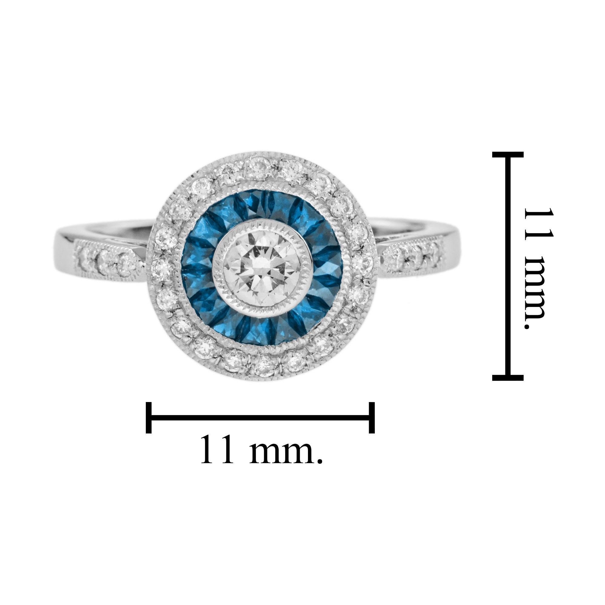 Diamond and London Blue Topaz Art Deco Style Target Engagement Ring in 18K Gold For Sale 2