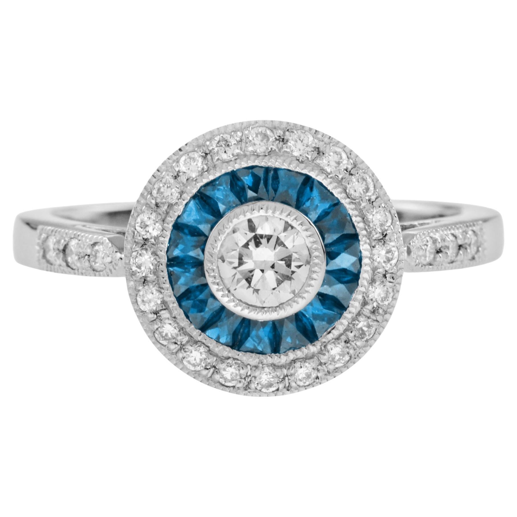 Diamond and London Blue Topaz Art Deco Style Target Engagement Ring in 18K Gold For Sale