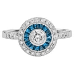 Diamond and London Blue Topaz Art Deco Style Target Engagement Ring in 18K Gold