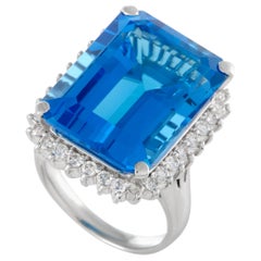 Vintage Diamond and London Blue Topaz Large Platinum Rectangle Ring