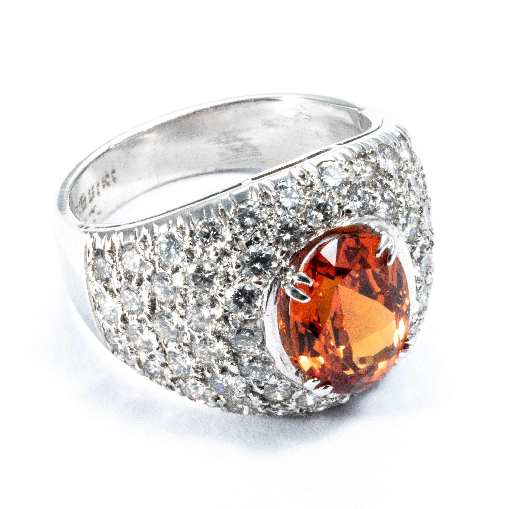 Contemporary  Diamond and Mandarin Garnet 18K White Gold Cocktail Band Ring  For Sale