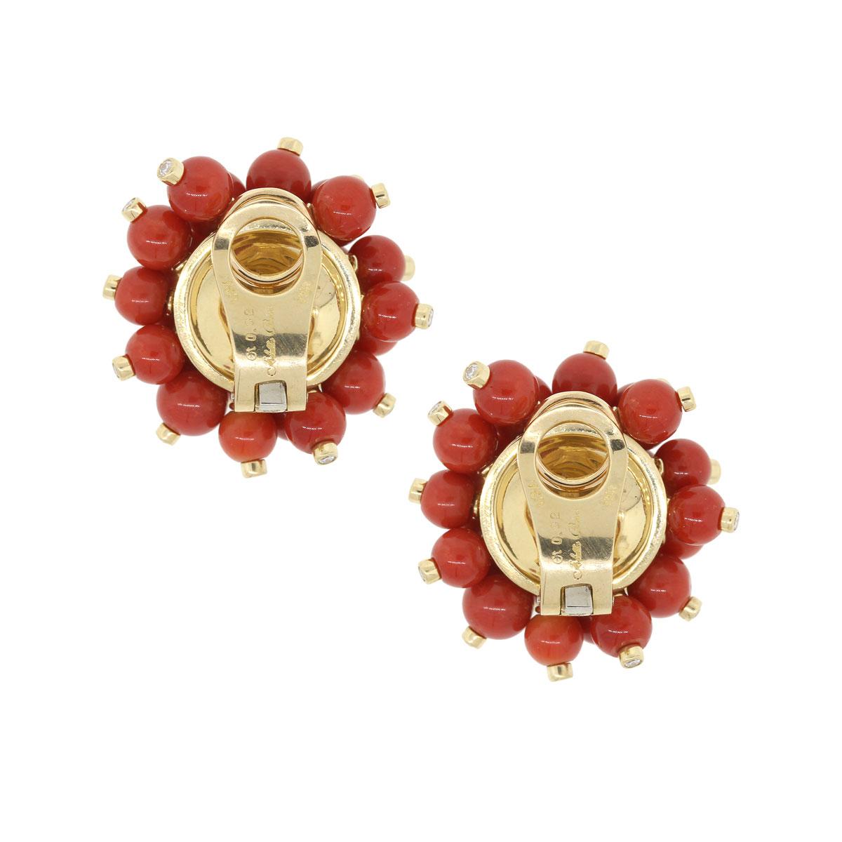 Round Cut Diamond and Mediterranean Coral Bead Cluster Earrings