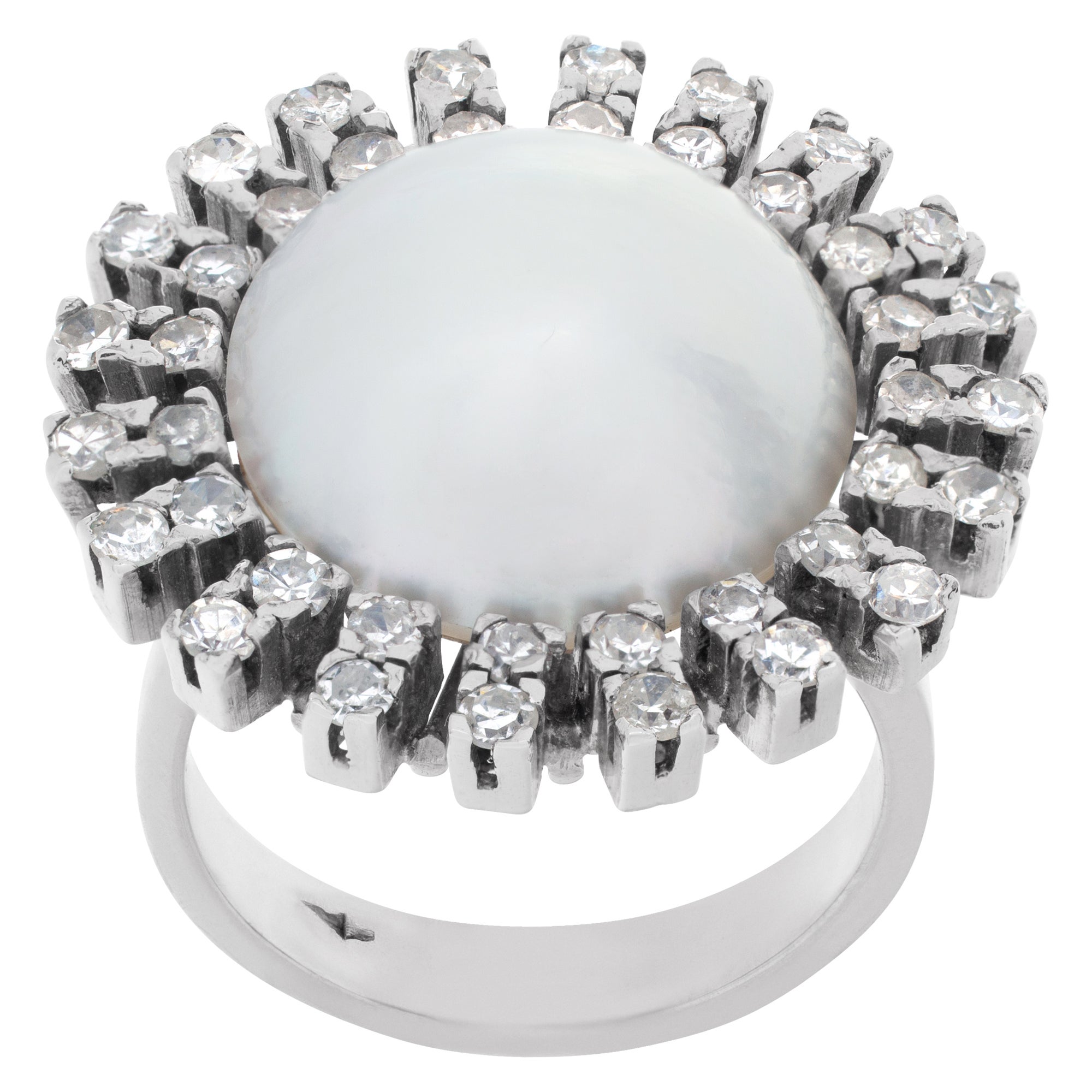 Diamond and Mobe Pearl Ring in 14k White Gold, 0.80 Cts in Diamonds For Sale