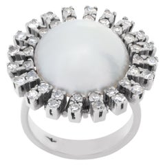 Vintage Diamond and Mobe Pearl Ring in 14k White Gold, 0.80 Cts in Diamonds