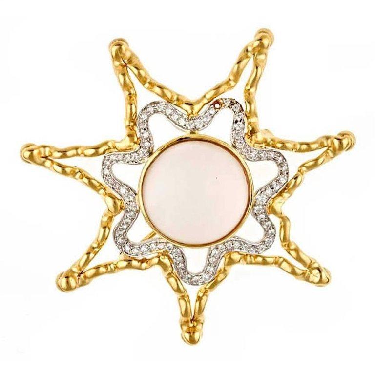 Contemporary Diamond and Moonstone 18k Gold Platinum SHY STAR Brooch by John Landrum Bryant For Sale