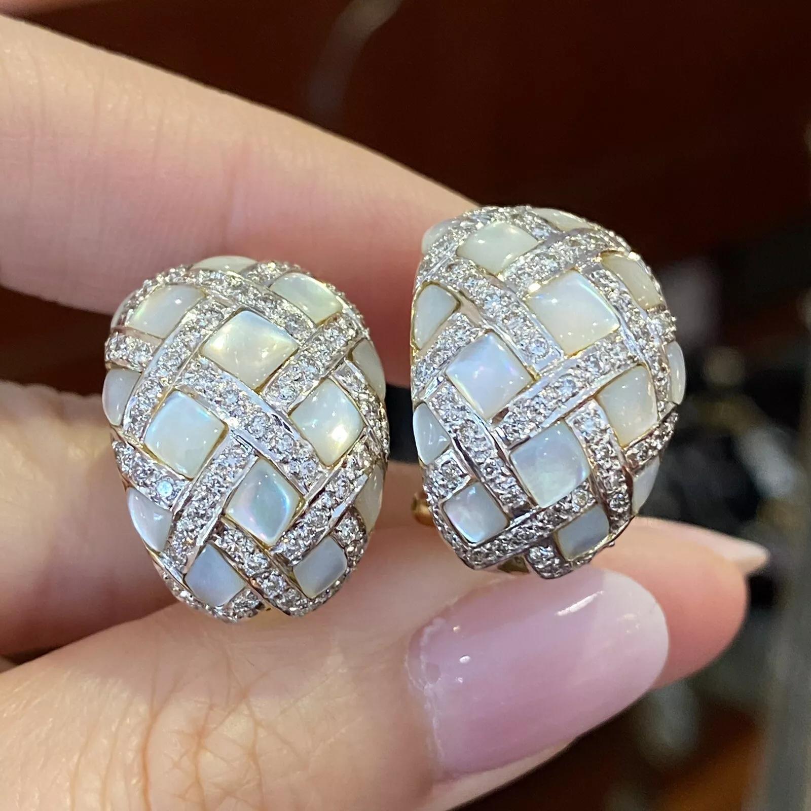 Round Cut Diamond and Mother-of-Pearl Checkerboard Bombe Earrings in 18k White Gold For Sale