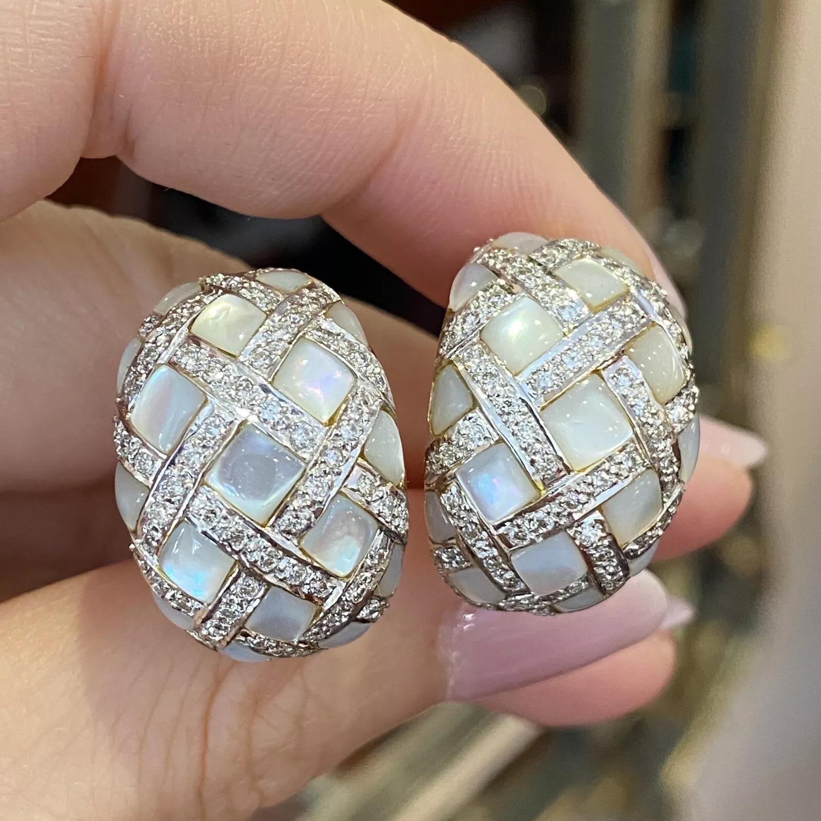 Women's Diamond and Mother-of-Pearl Checkerboard Bombe Earrings in 18k White Gold For Sale