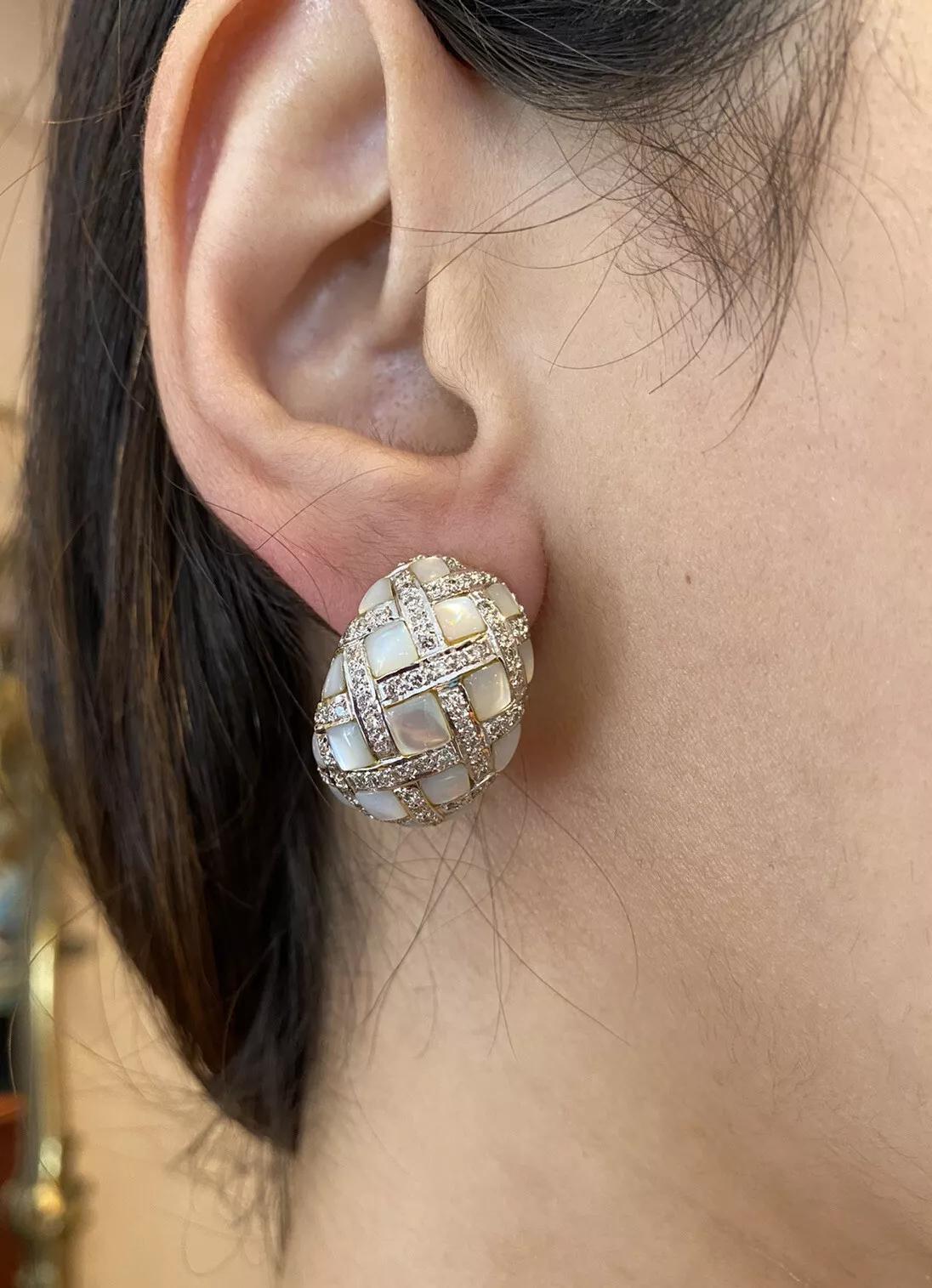 Diamond and Mother-of-Pearl Checkerboard Bombe Earrings in 18k White Gold For Sale 1