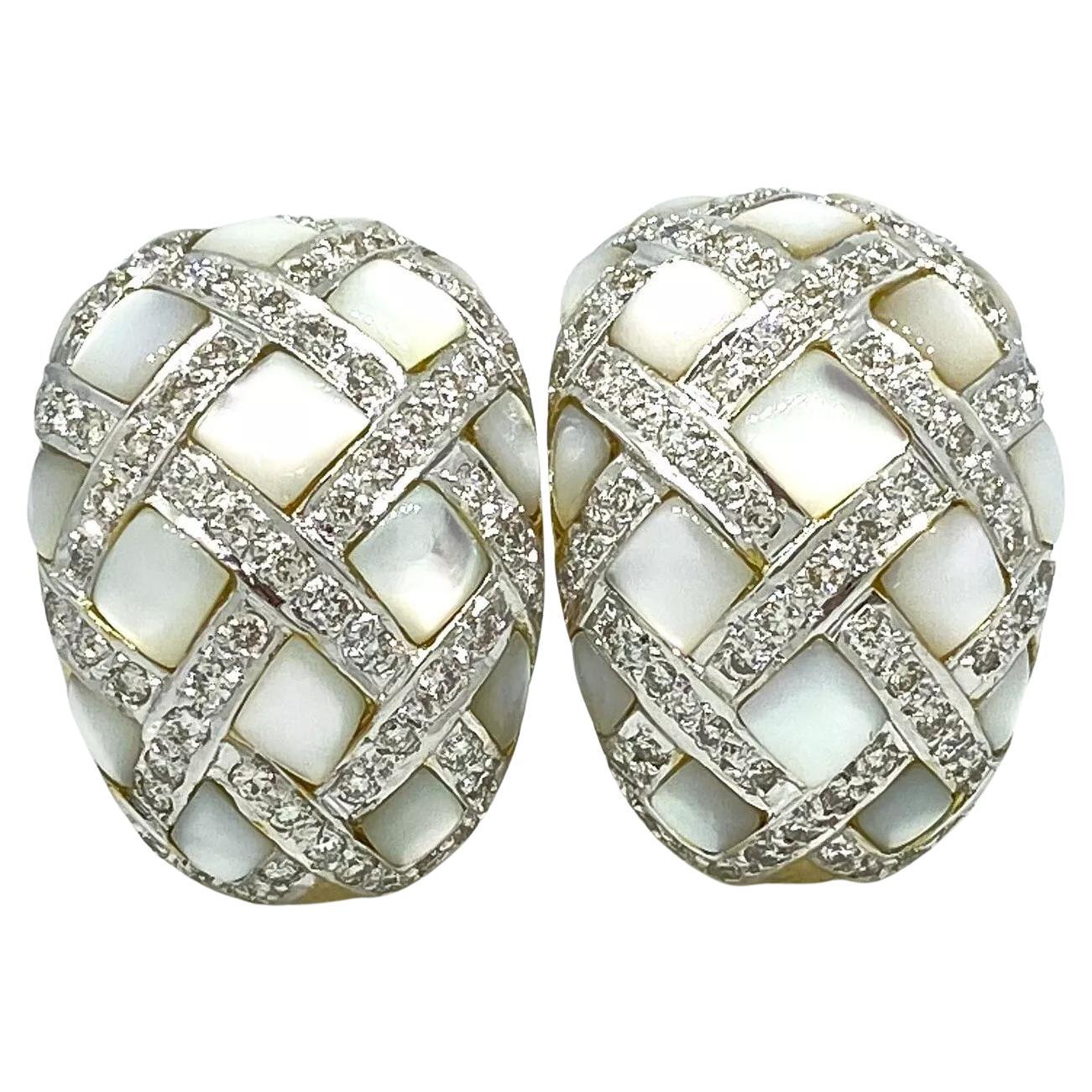Diamond and Mother-of-Pearl Checkerboard Bombe Earrings in 18k White Gold For Sale