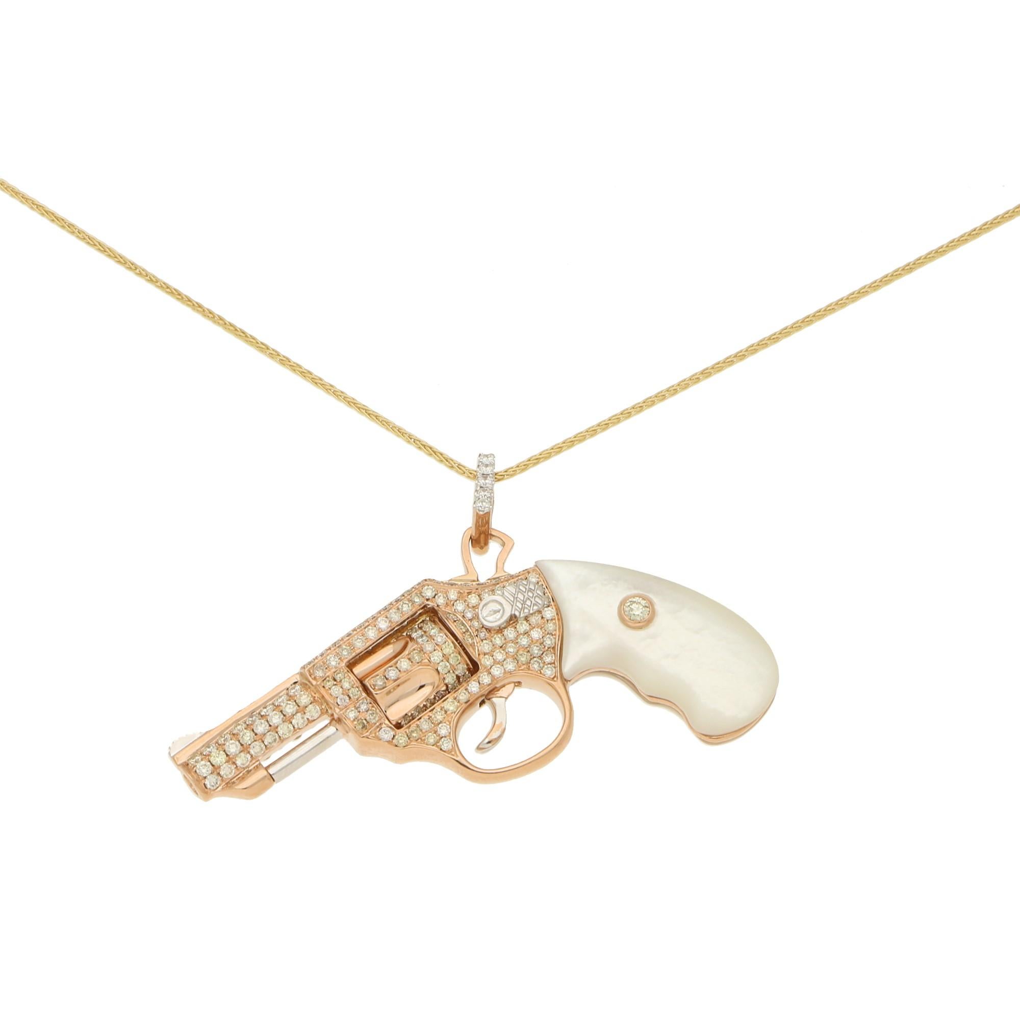 Contemporary Diamond and Mother of Pearl Jeweled Gun Pendant in Rose Gold For Sale