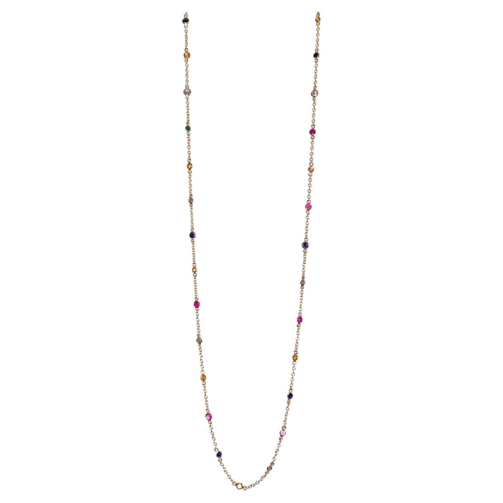 Diamond and Multi Color Gemstone Necklace 18k Yellow Gold